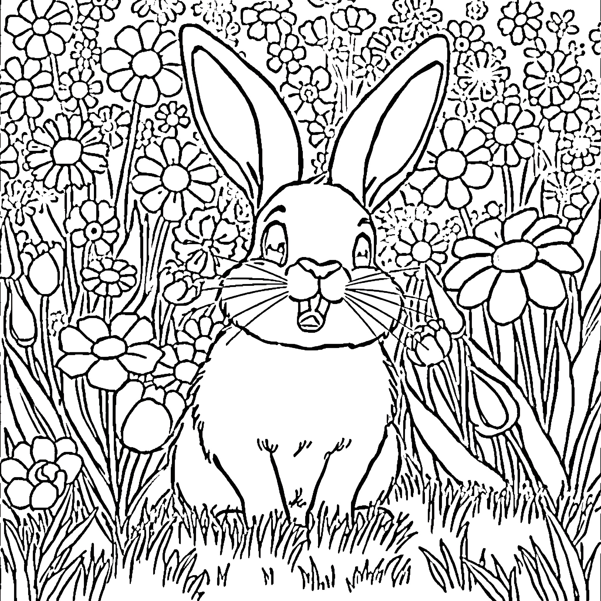 Bunny surrounded by flowers in a garden Coloring Page (free black-and-white line drawing printable PDF for all, from beginners to advanced learners, including children, teens, adults, and seniors)