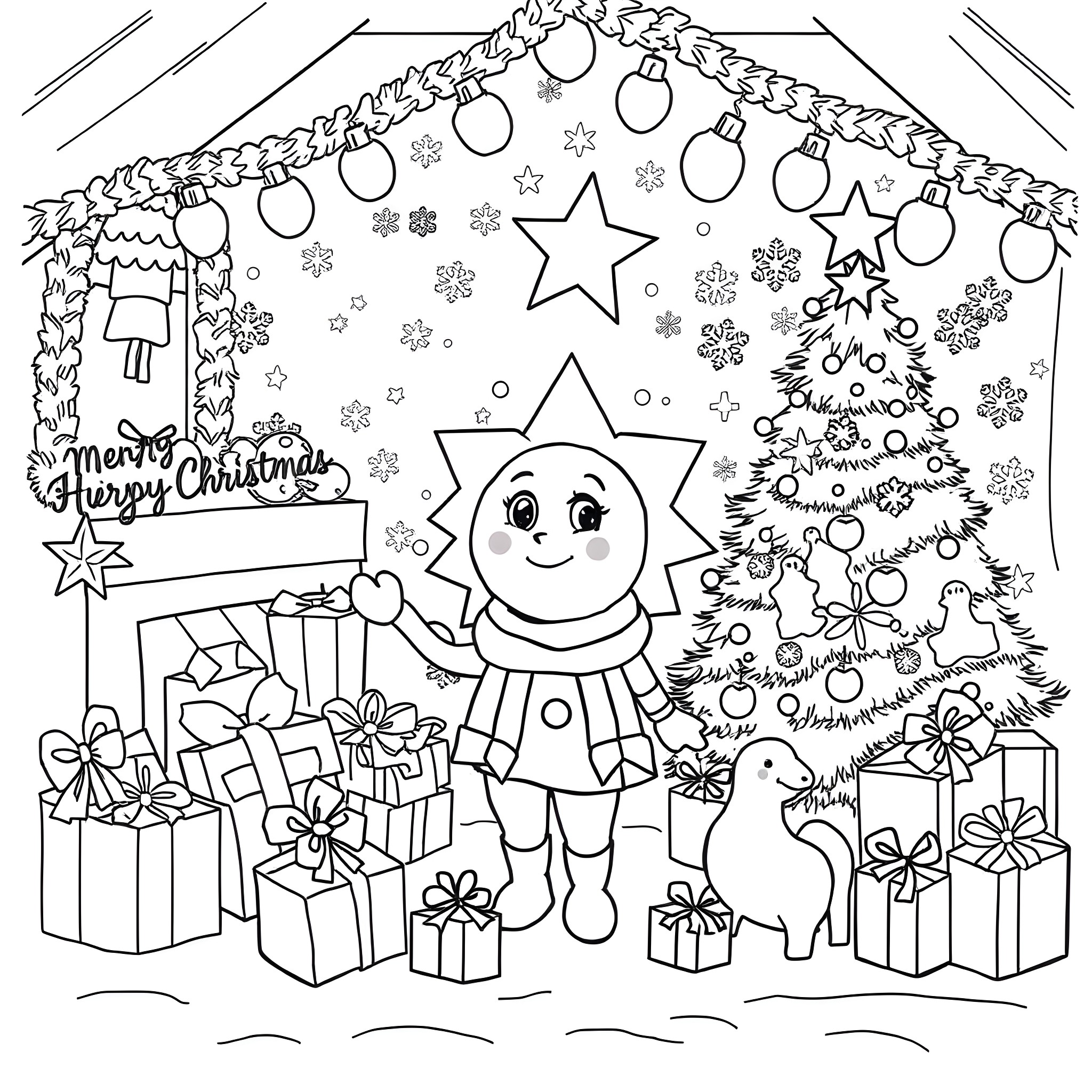 Sunny Starscout's Merry Christmas Celebration Coloring Page (free black-and-white line drawing printable PDF for all, from beginners to advanced learners, including children, teens, adults, and seniors)
