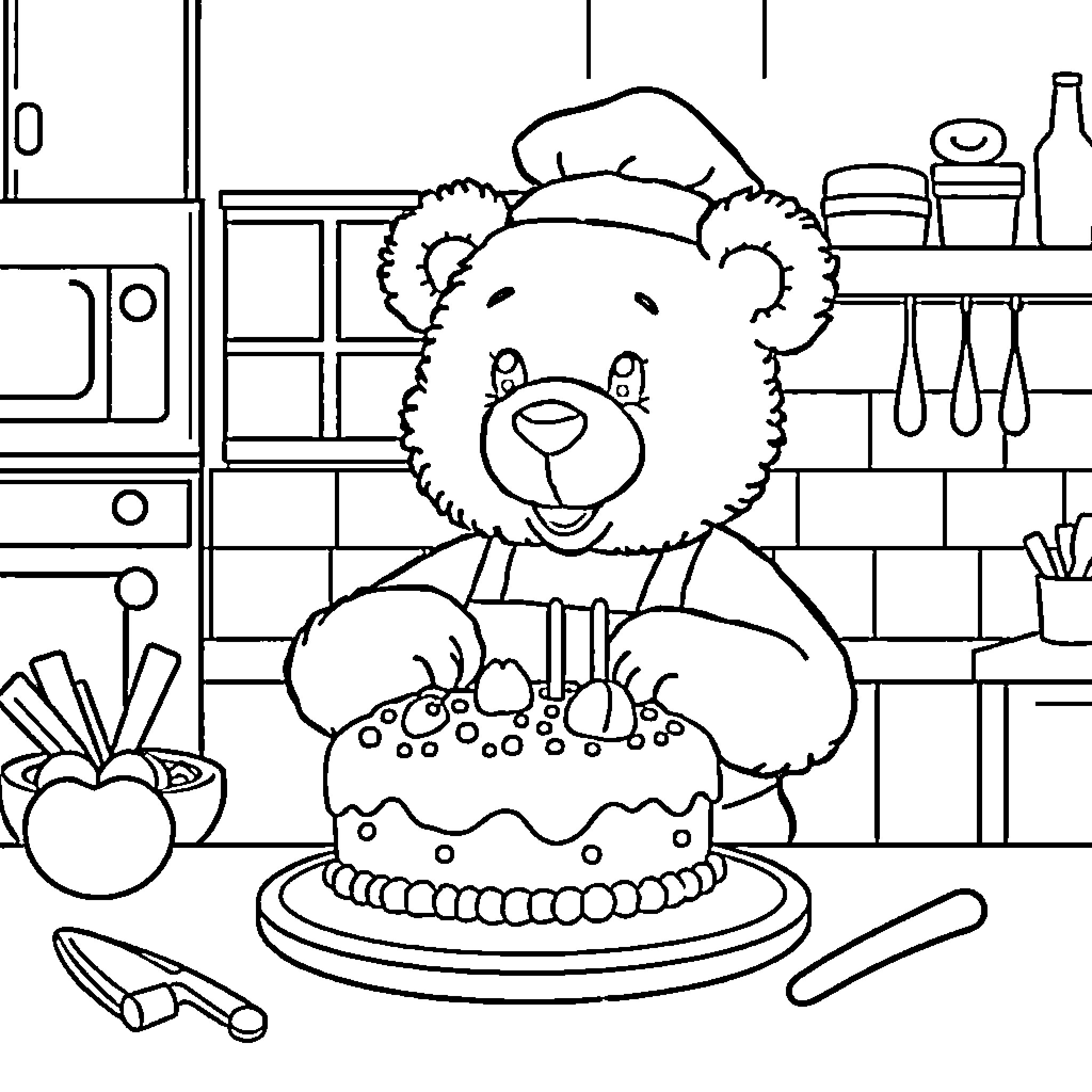Teddybear baking a cake in the kitchen Coloring Page (free black-and-white line drawing printable PDF for all, from beginners to advanced learners, including children, teens, adults, and seniors)