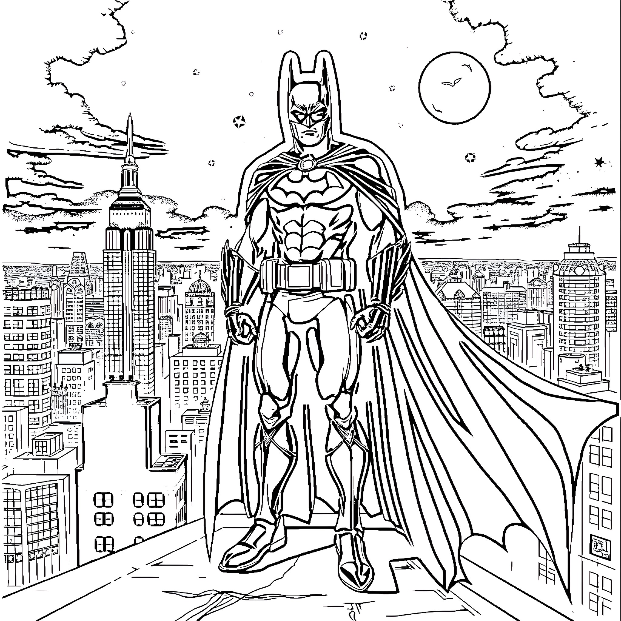 Batman overlooking the city at night Coloring Page (free black-and-white line drawing printable PDF for all, from beginners to advanced learners, including children, teens, adults, and seniors)