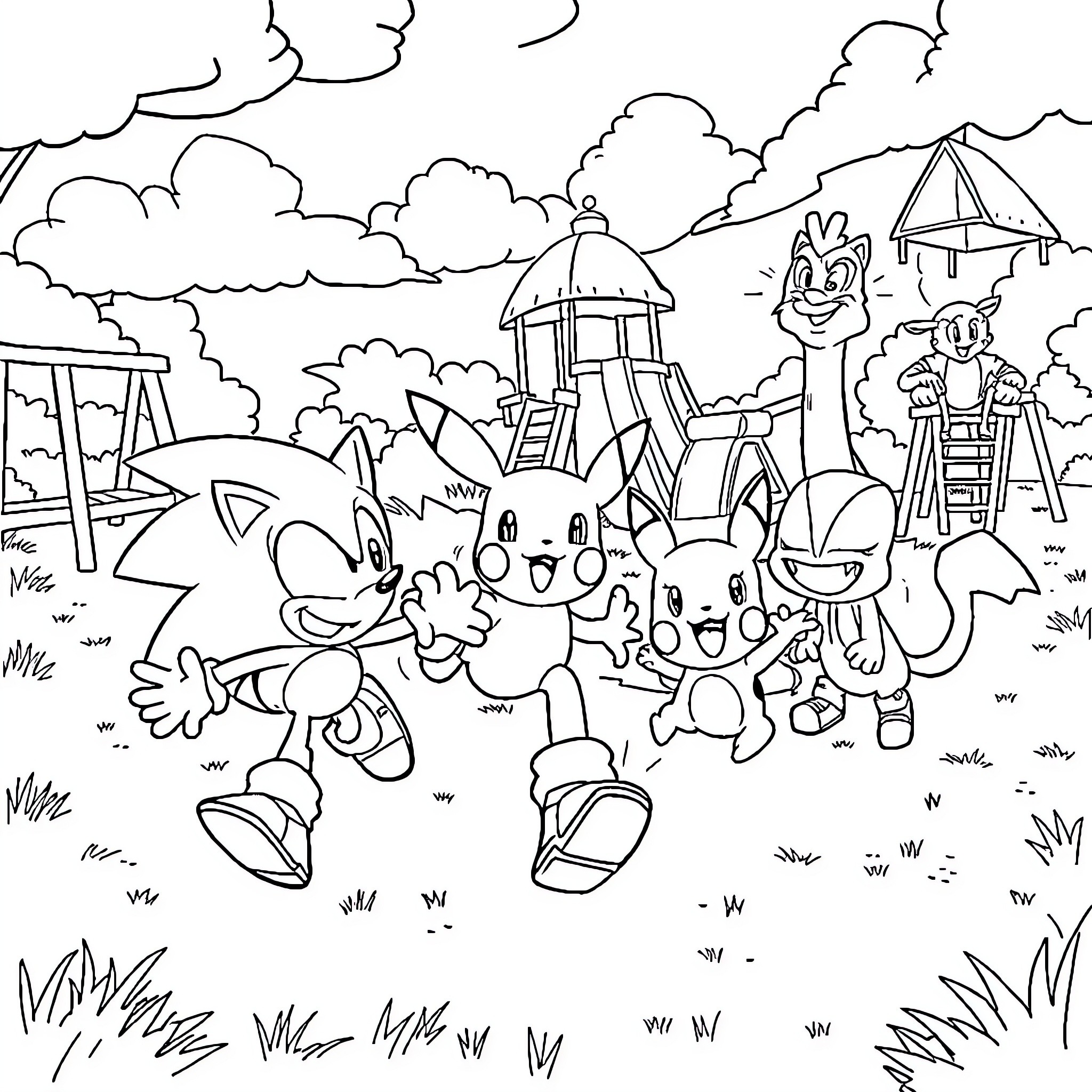 Sonic and Friends Enjoying a Day at the Park Coloring Page (free black-and-white line drawing printable PDF for all, from beginners to advanced learners, including children, teens, adults, and seniors)