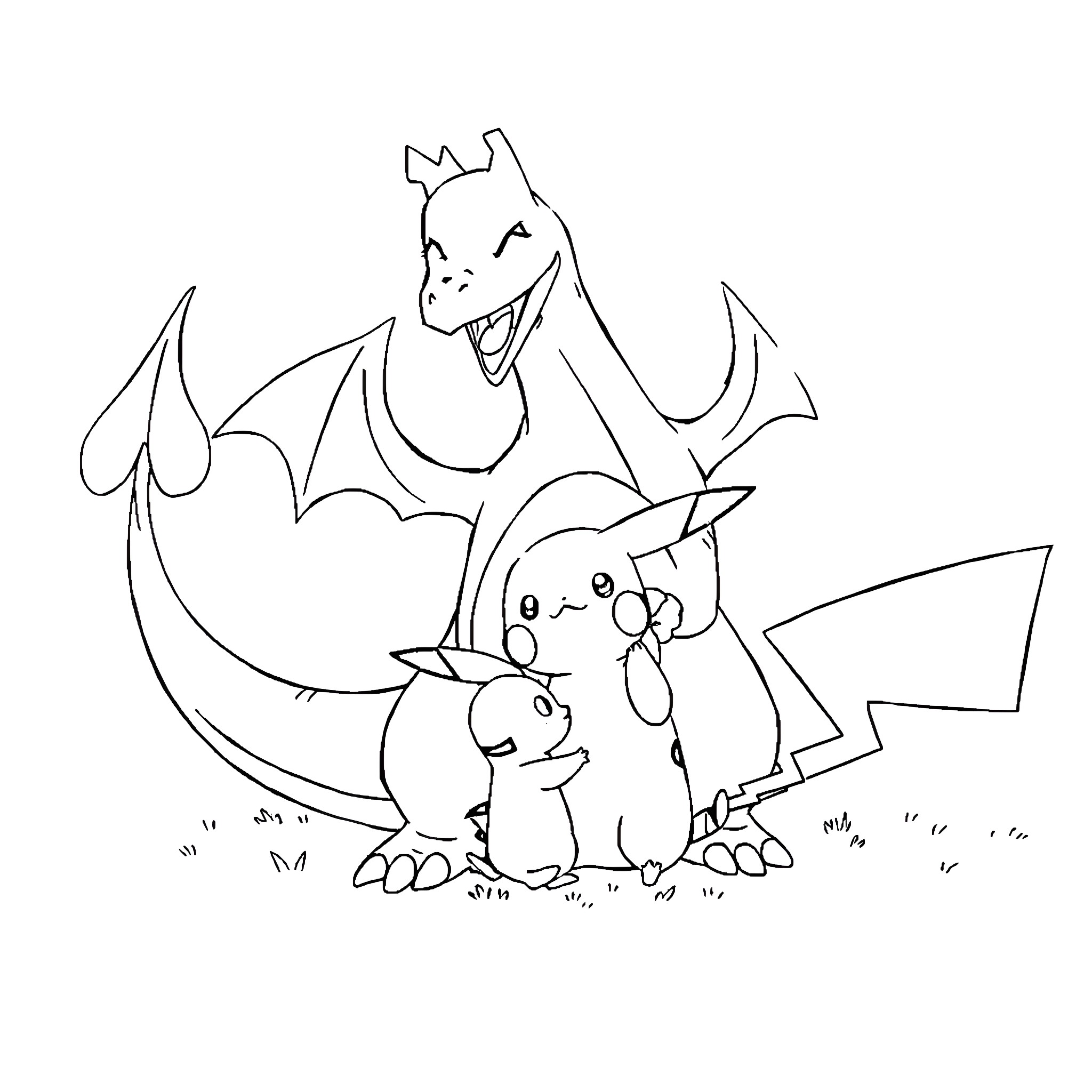 Charizard and Pikachu playing together Coloring Page (free black-and-white line drawing printable PDF for all, from beginners to advanced learners, including children, teens, adults, and seniors)