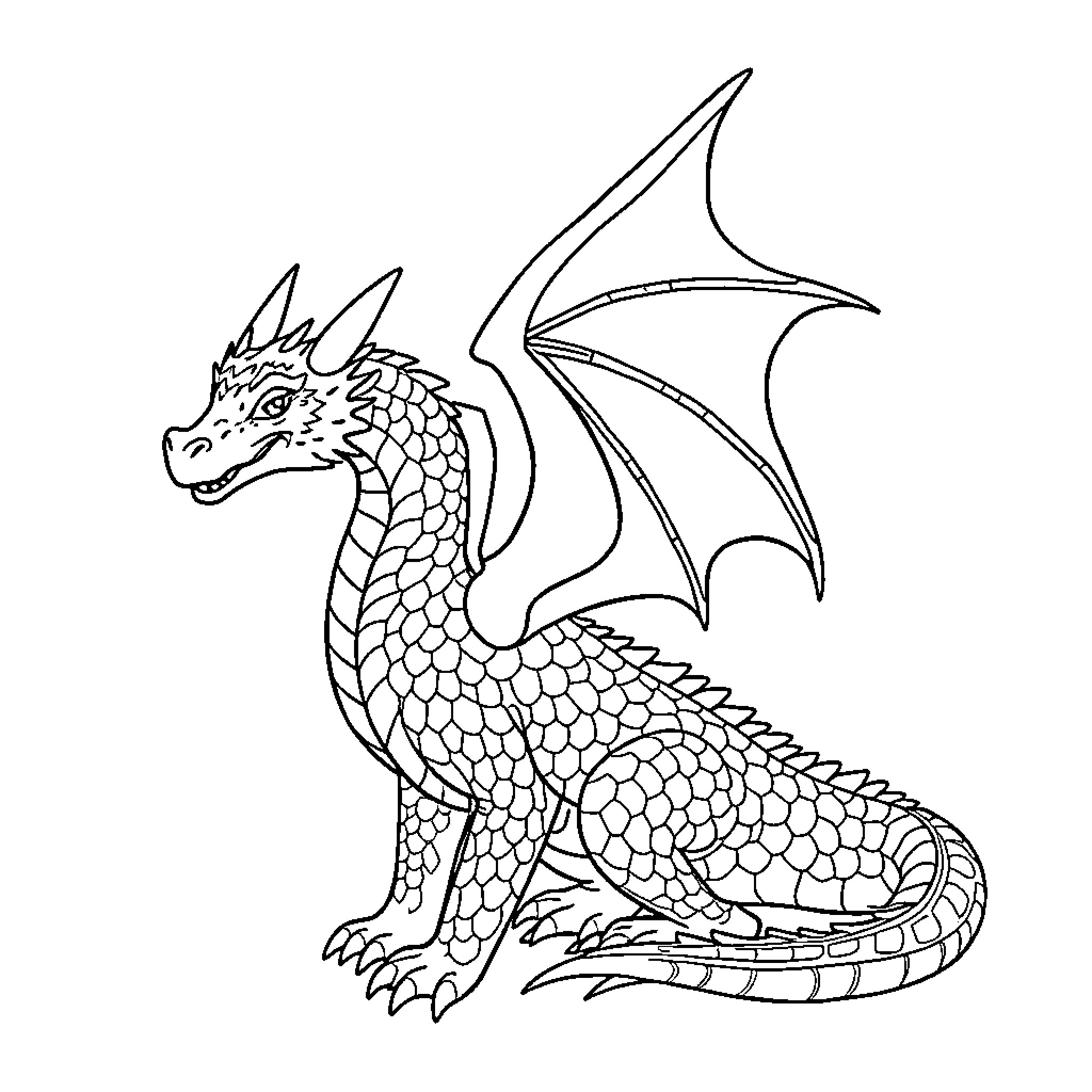 Dragon with Majestic Presence and Powerful Wings Coloring Page (free black-and-white line drawing printable PDF for all, from beginners to advanced learners, including children, teens, adults, and seniors)