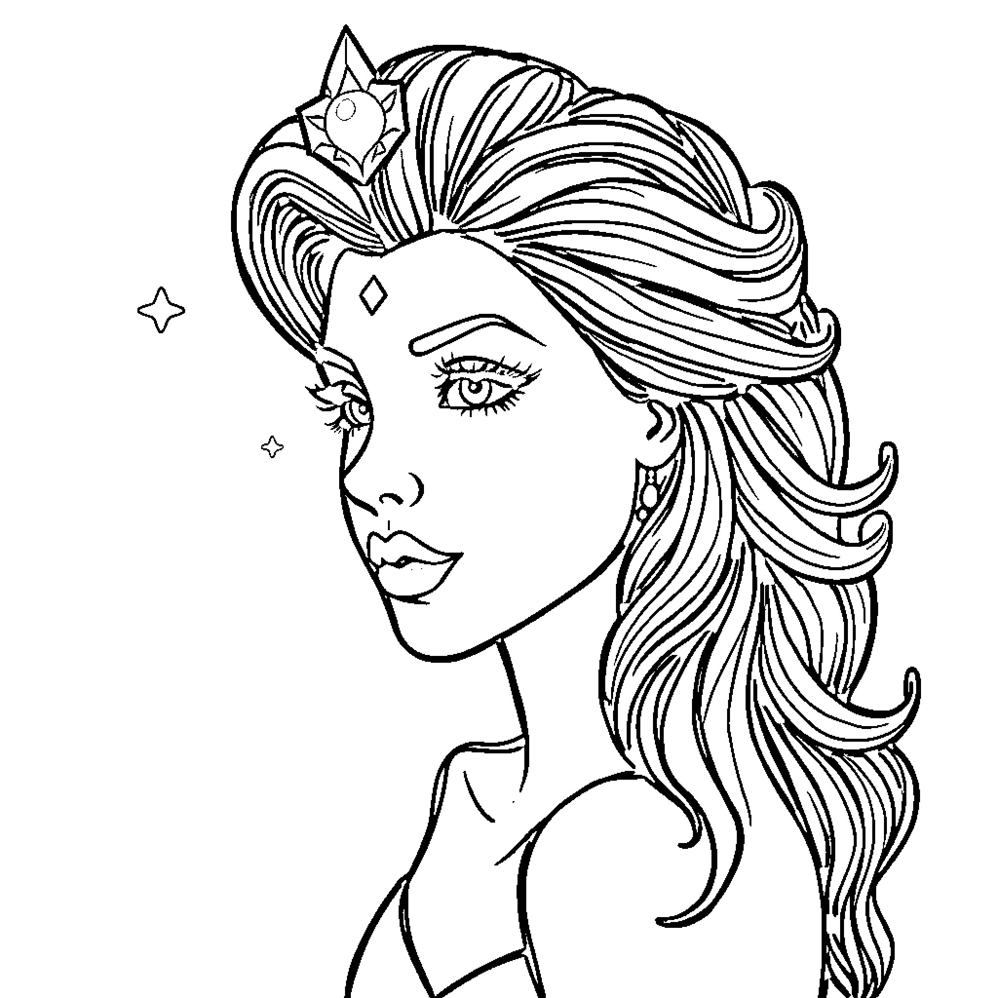 Gemini celestial enchantress in monochrome Coloring Page (free black-and-white line drawing printable PDF for all, from beginners to advanced learners, including children, teens, adults, and seniors)
