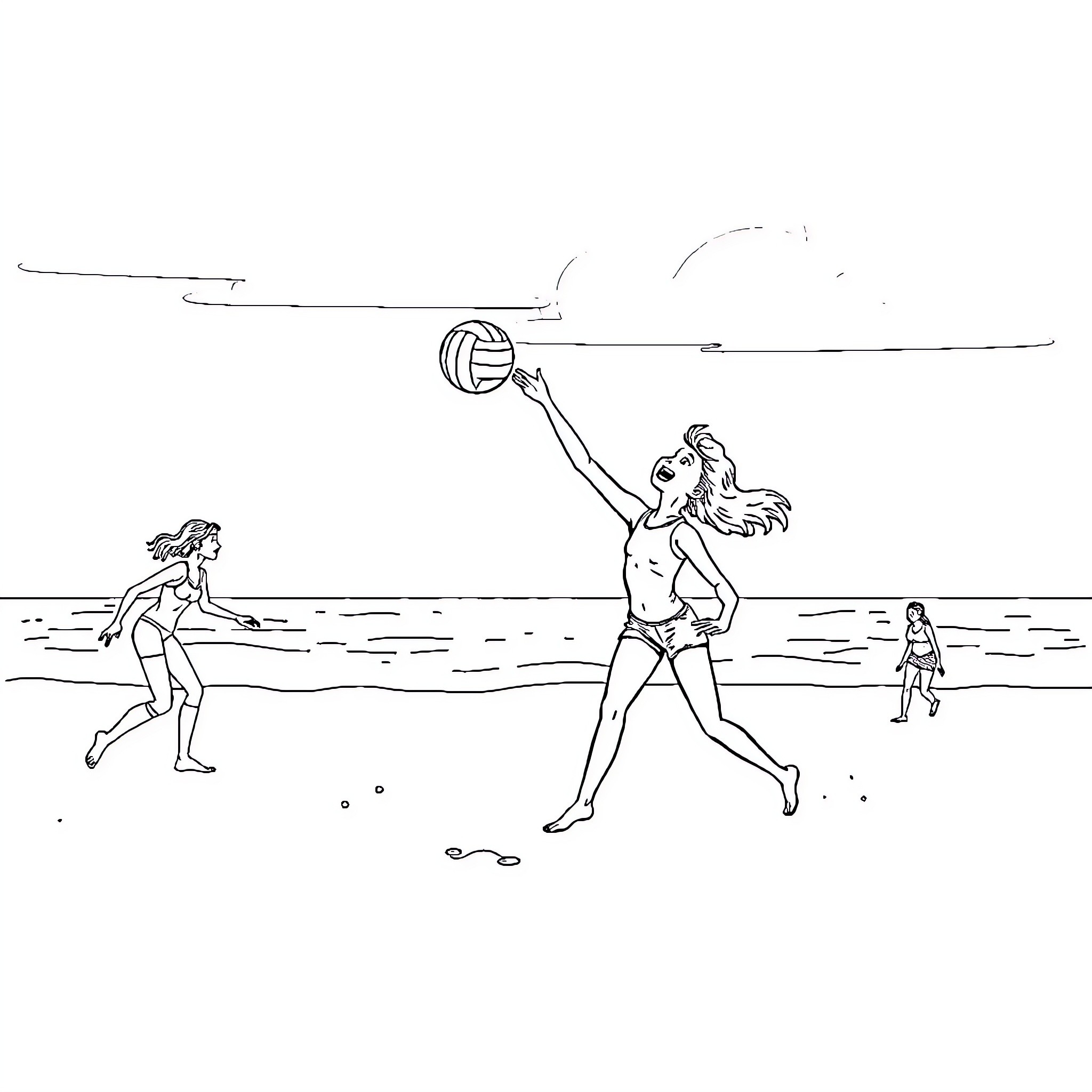 Girls playing beach volleyball on the shore Coloring Page (free black-and-white line drawing printable PDF for all, from beginners to advanced learners, including children, teens, adults, and seniors)
