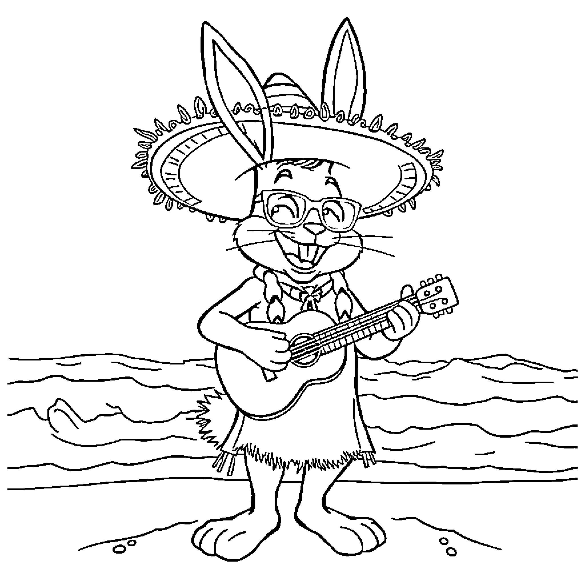 Bad Bunny playing guitar on the beach Coloring Page (free black-and-white line drawing printable PDF for all, from beginners to advanced learners, including children, teens, adults, and seniors)
