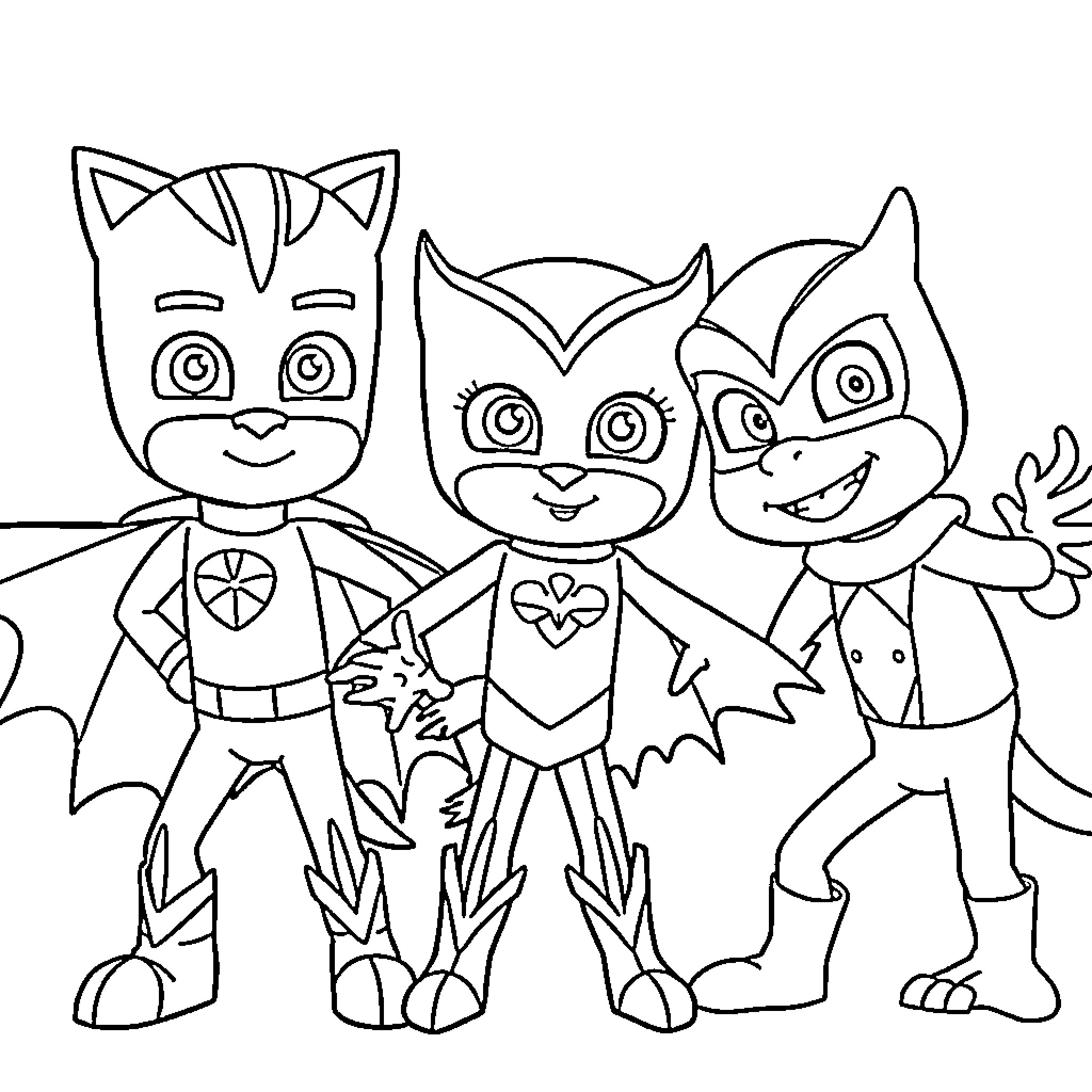 Pj Masks characters in their superhero outfits Coloring Page (free black-and-white line drawing printable PDF for all, from beginners to advanced learners, including children, teens, adults, and seniors)