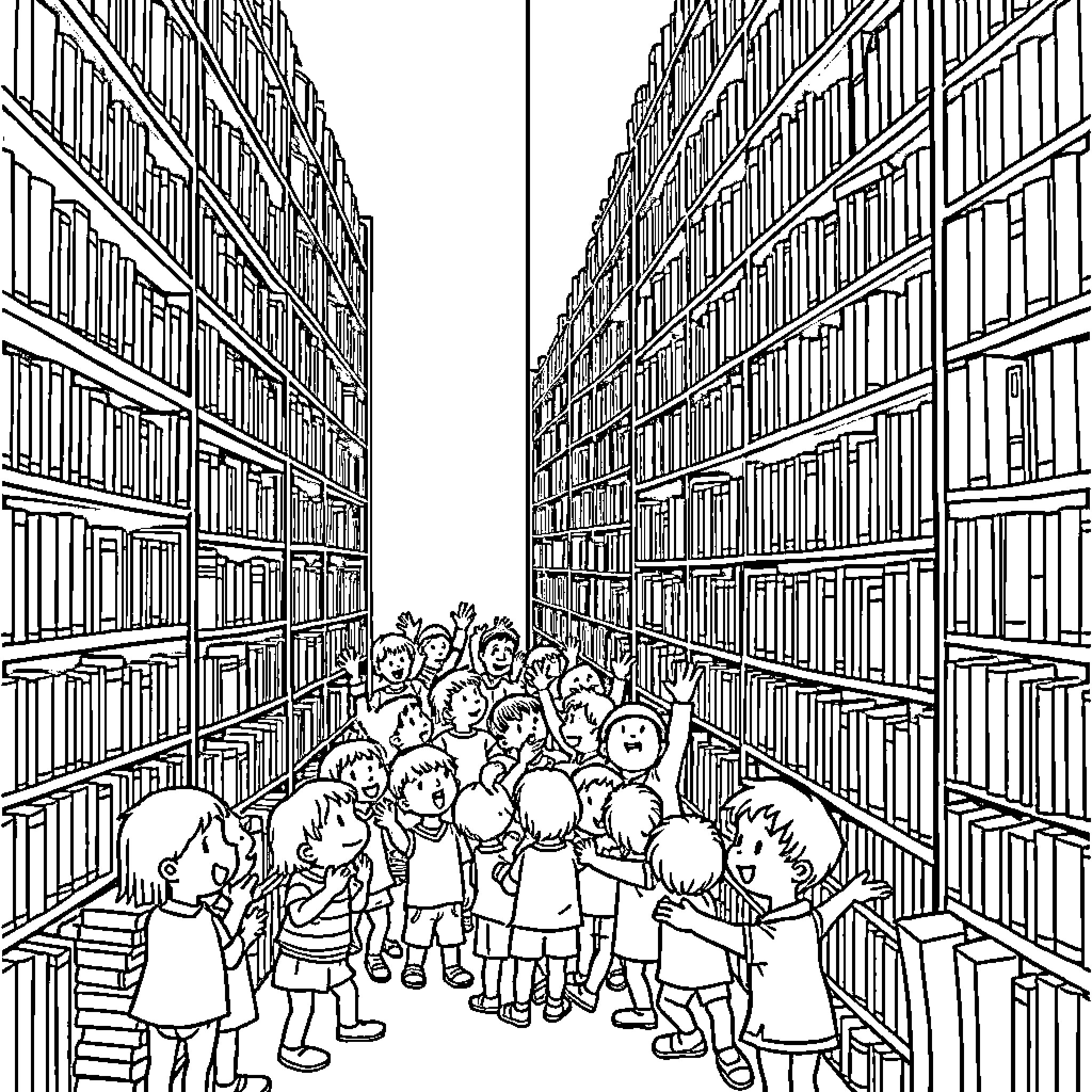 Books and Children in a Crowded Library Coloring Page (free black-and-white line drawing printable PDF for all, from beginners to advanced learners, including children, teens, adults, and seniors)