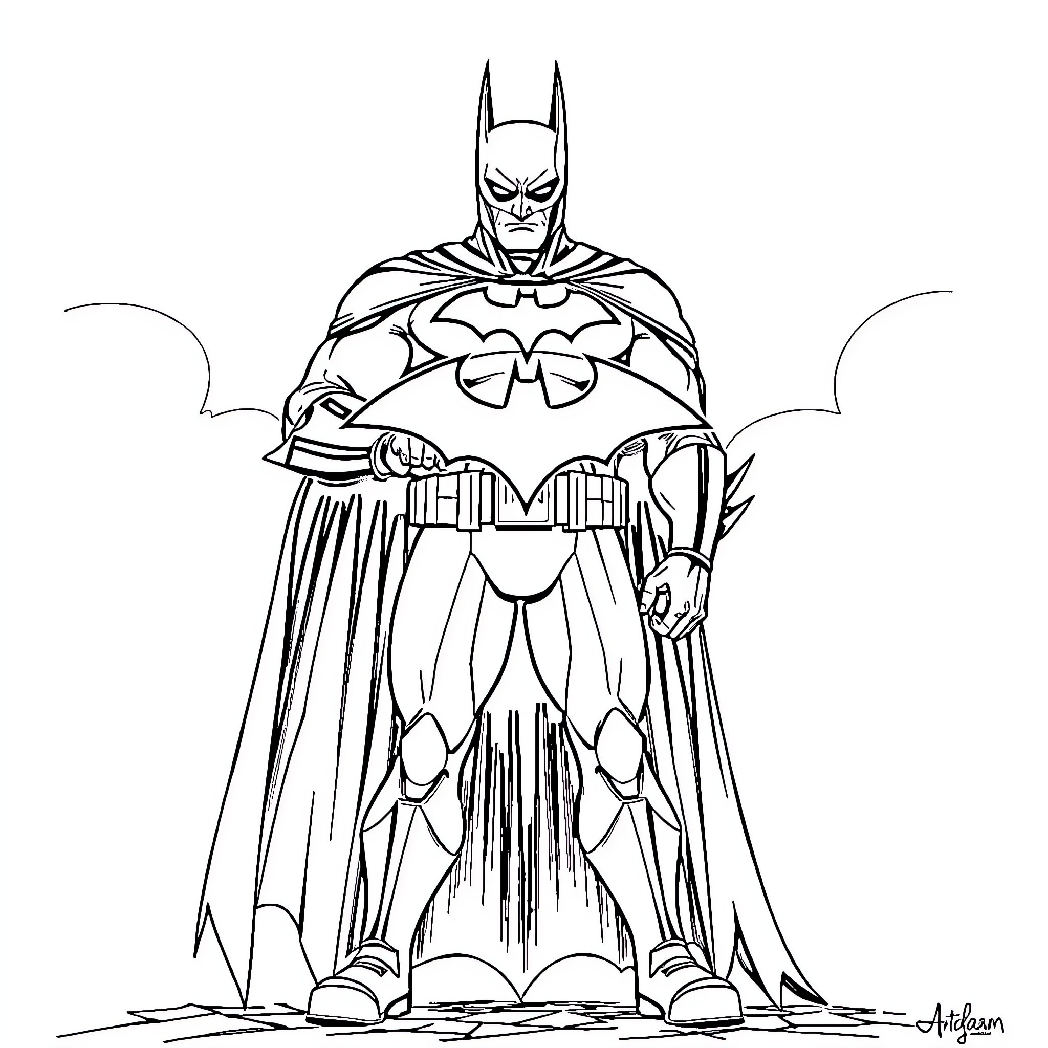 Batman in action-packed superhero pose Coloring Page (free black-and-white line drawing printable PDF for all, from beginners to advanced learners, including children, teens, adults, and seniors)