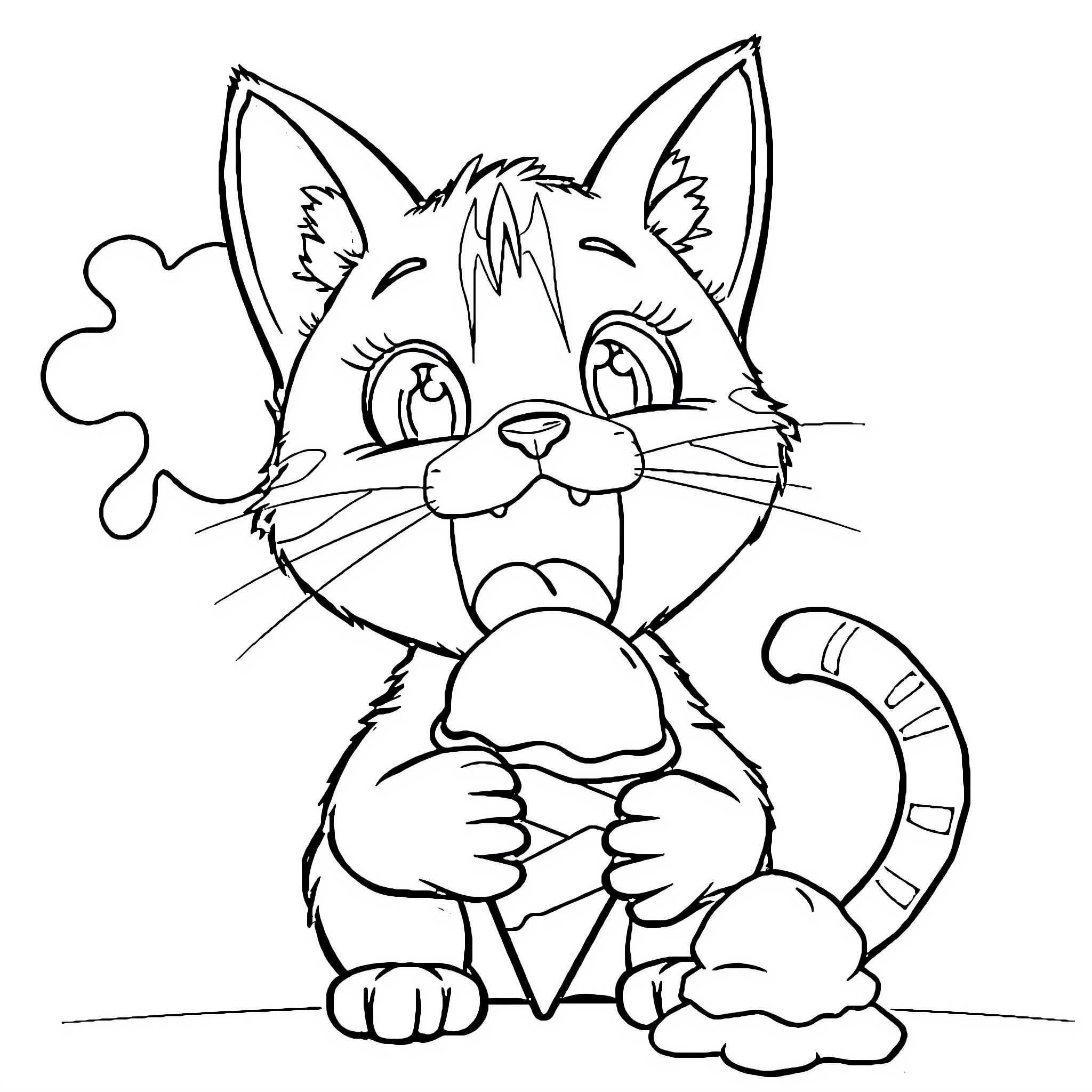 Pete the Kitty Playing with a Bone Coloring Page (free black-and-white line drawing printable PDF for all, from beginners to advanced learners, including children, teens, adults, and seniors)