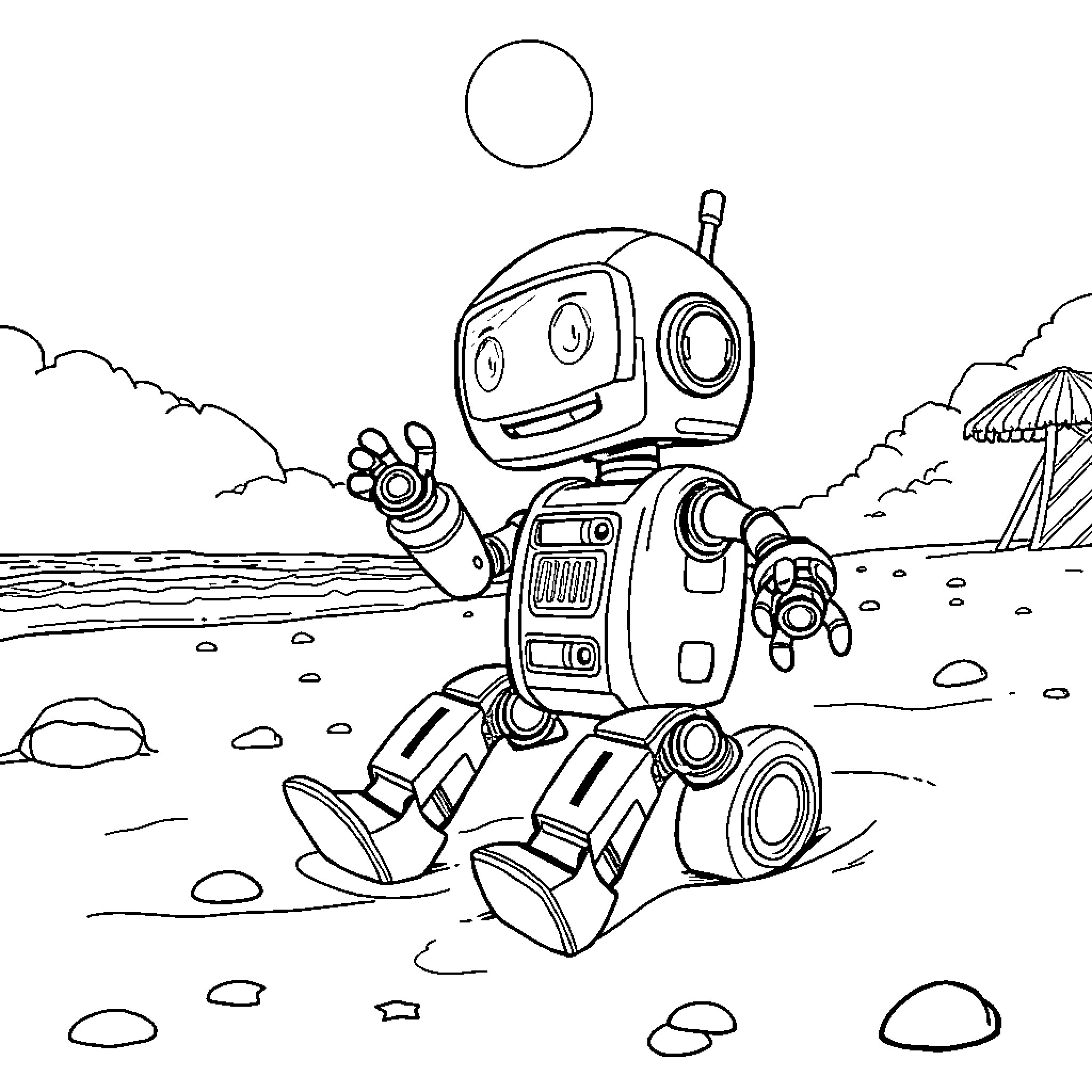 Robot exploring a rocky landscape Coloring Page (free black-and-white line drawing printable PDF for all, from beginners to advanced learners, including children, teens, adults, and seniors)