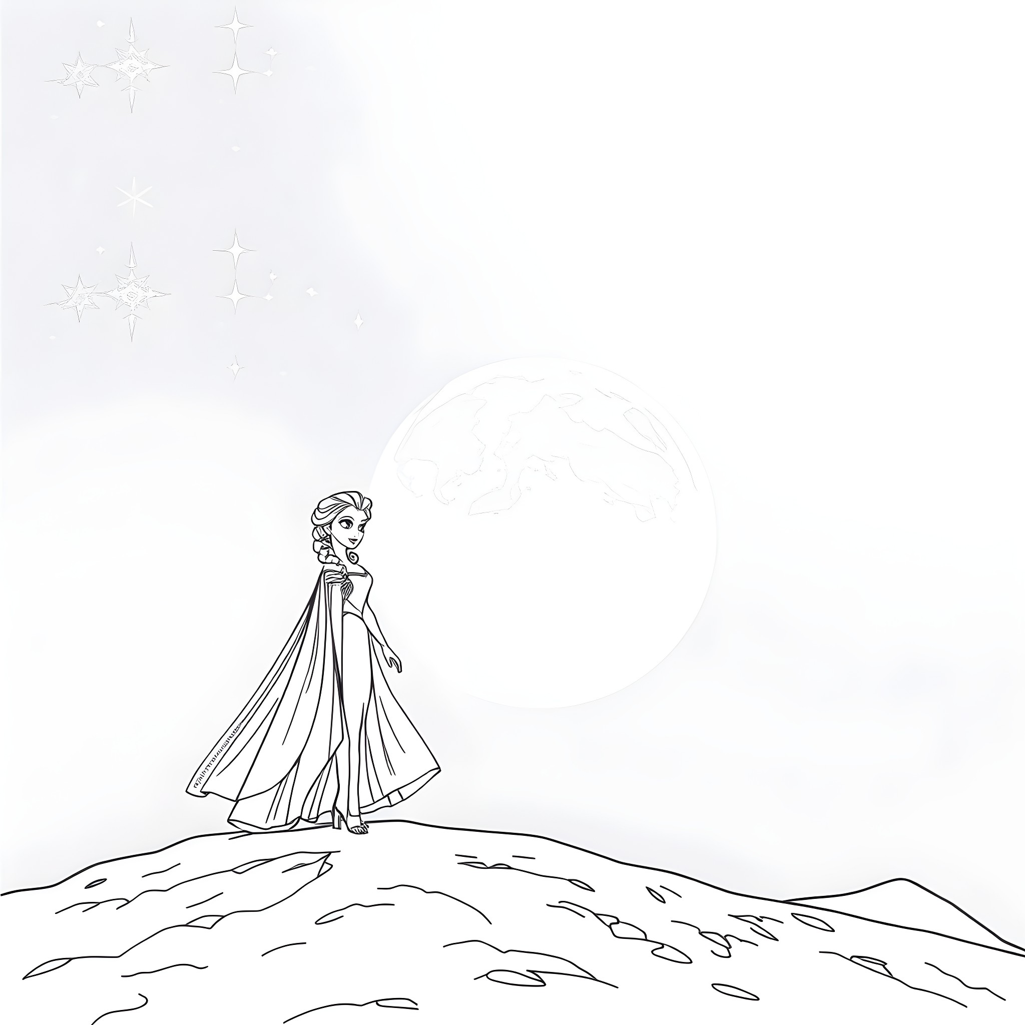 Elsa exploring the snow-covered mountains Coloring Page (free black-and-white line drawing printable PDF for all, from beginners to advanced learners, including children, teens, adults, and seniors)