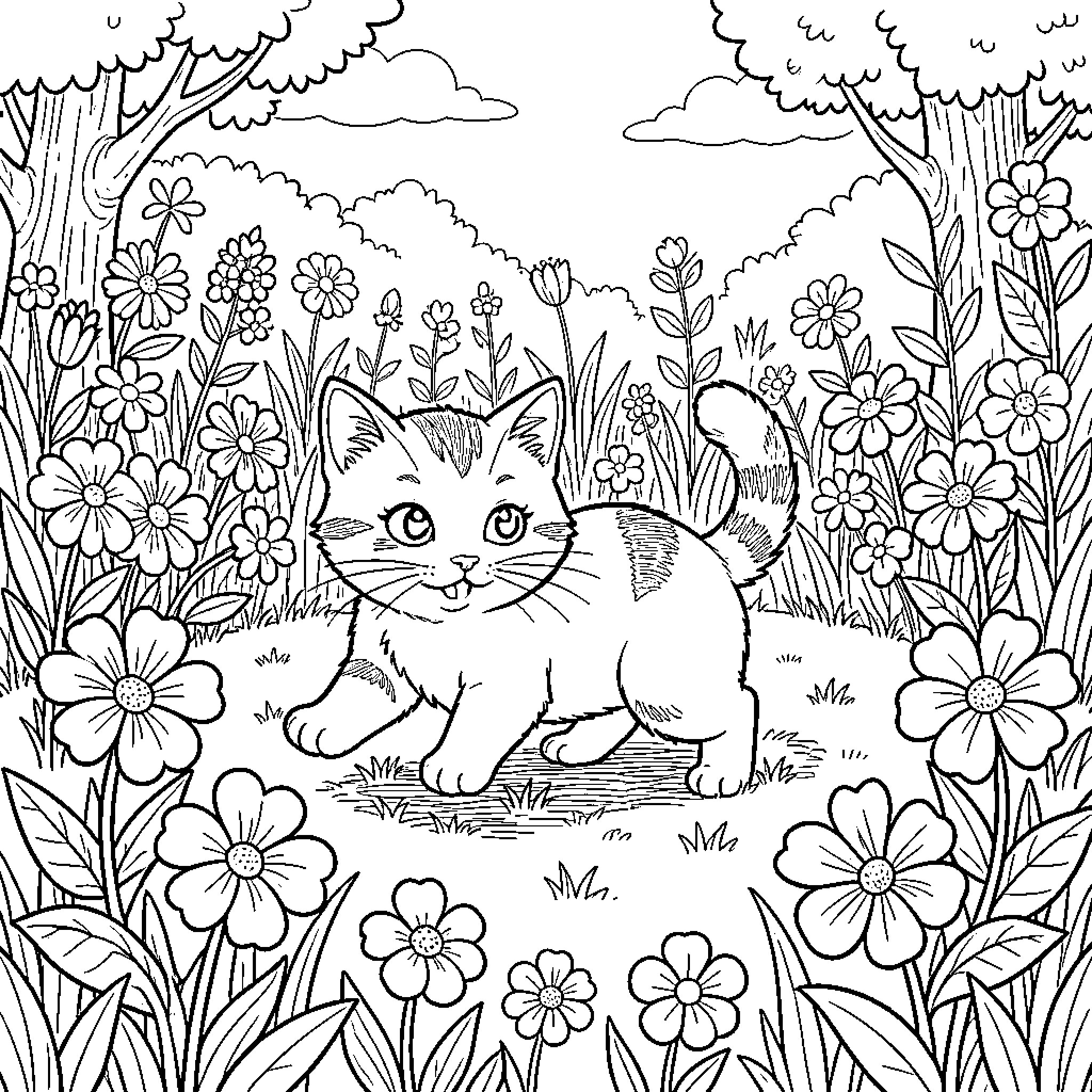 Gato exploring a floral garden Coloring Page (free black-and-white line drawing printable PDF for all, from beginners to advanced learners, including children, teens, adults, and seniors)