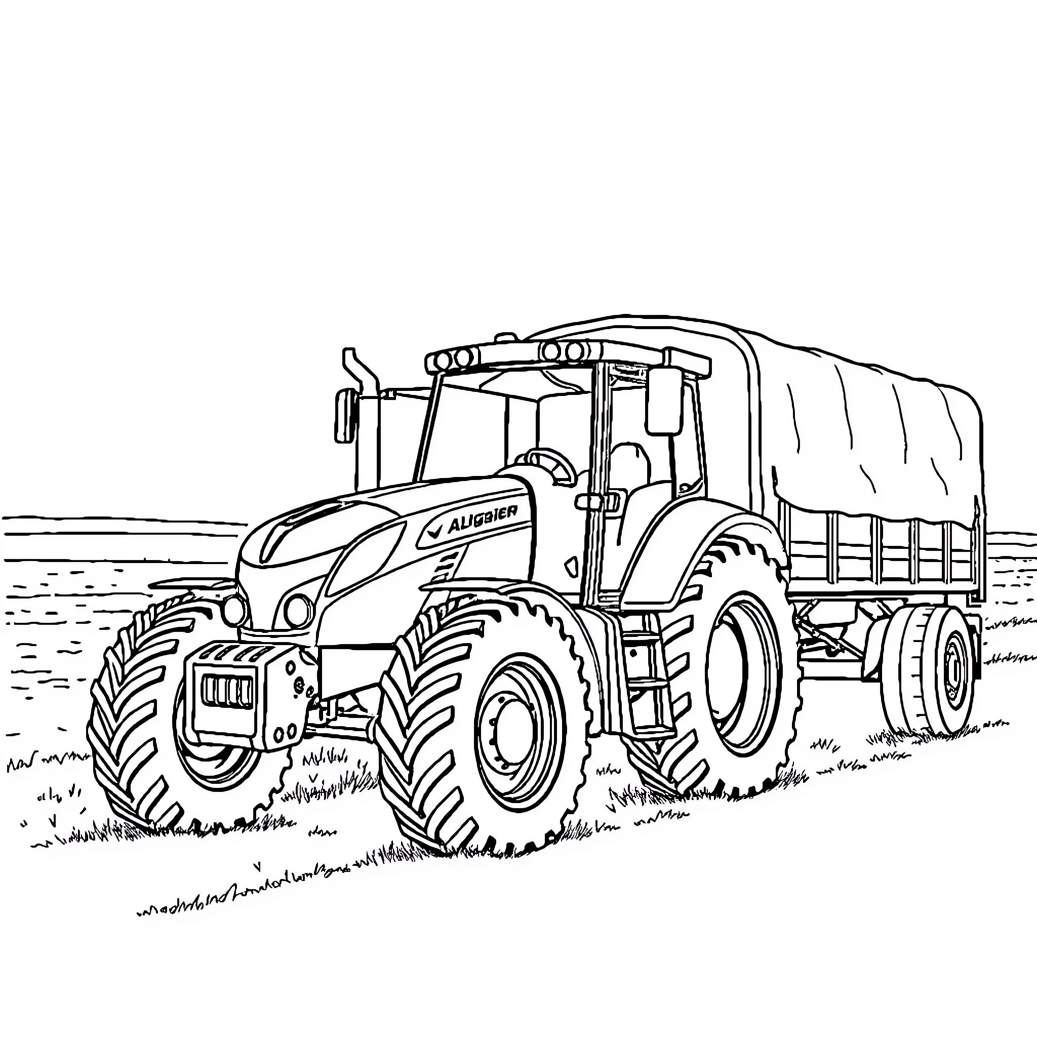 Tractor with attached trailer on rural field Coloring Page (free black-and-white line drawing printable PDF for all, from beginners to advanced learners, including children, teens, adults, and seniors)