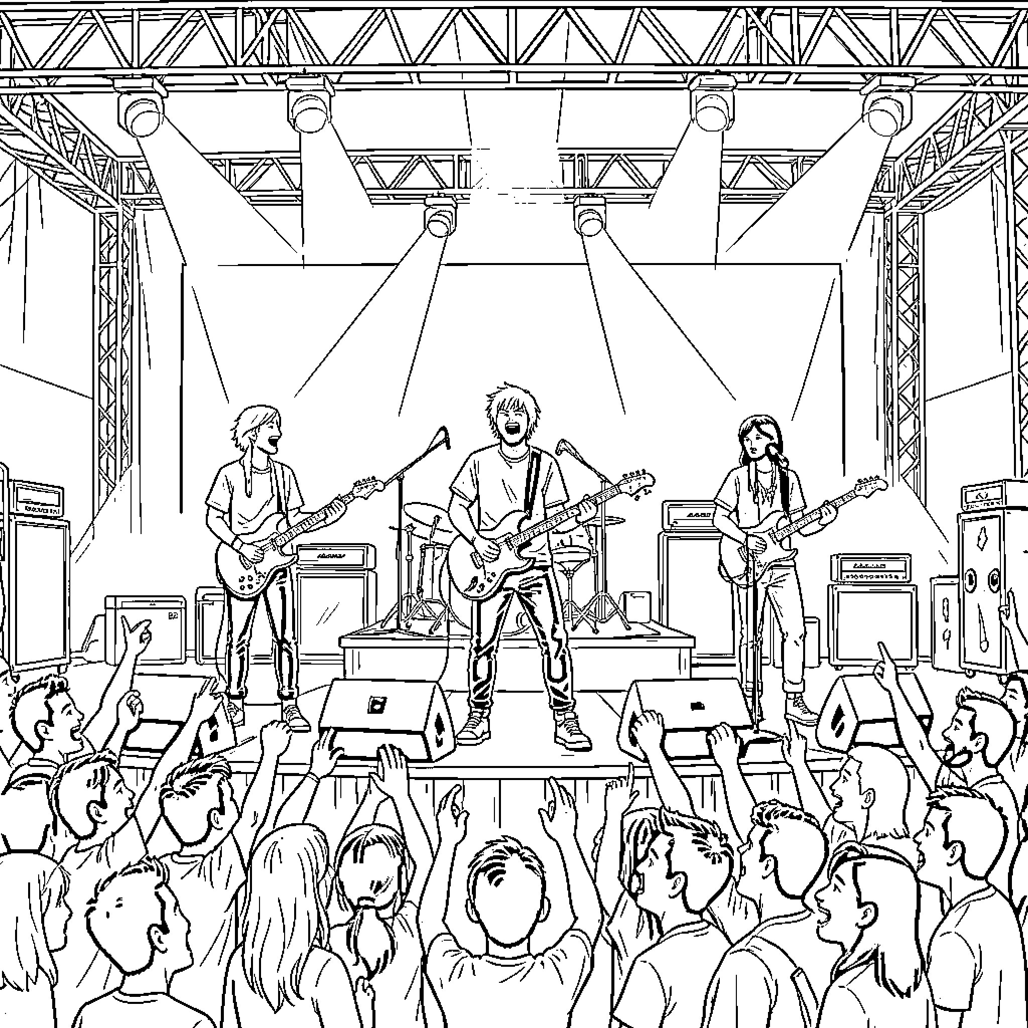 Twenty One Pilots Performing on Stage with Energetic Crowd Coloring Page (free black-and-white line drawing printable PDF for all, from beginners to advanced learners, including children, teens, adults, and seniors)