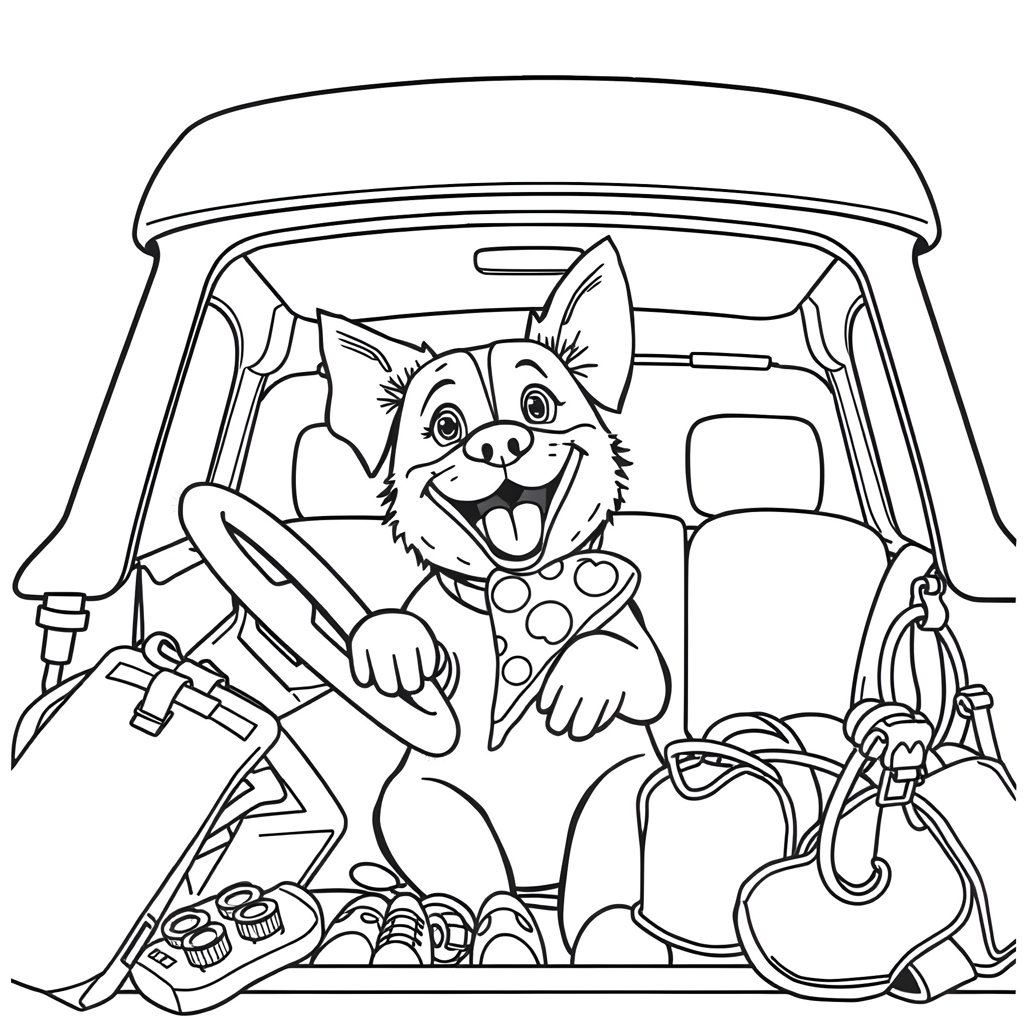 Dog riding happily in car with luggage Coloring Page (free black-and-white line drawing printable PDF for all, from beginners to advanced learners, including children, teens, adults, and seniors)