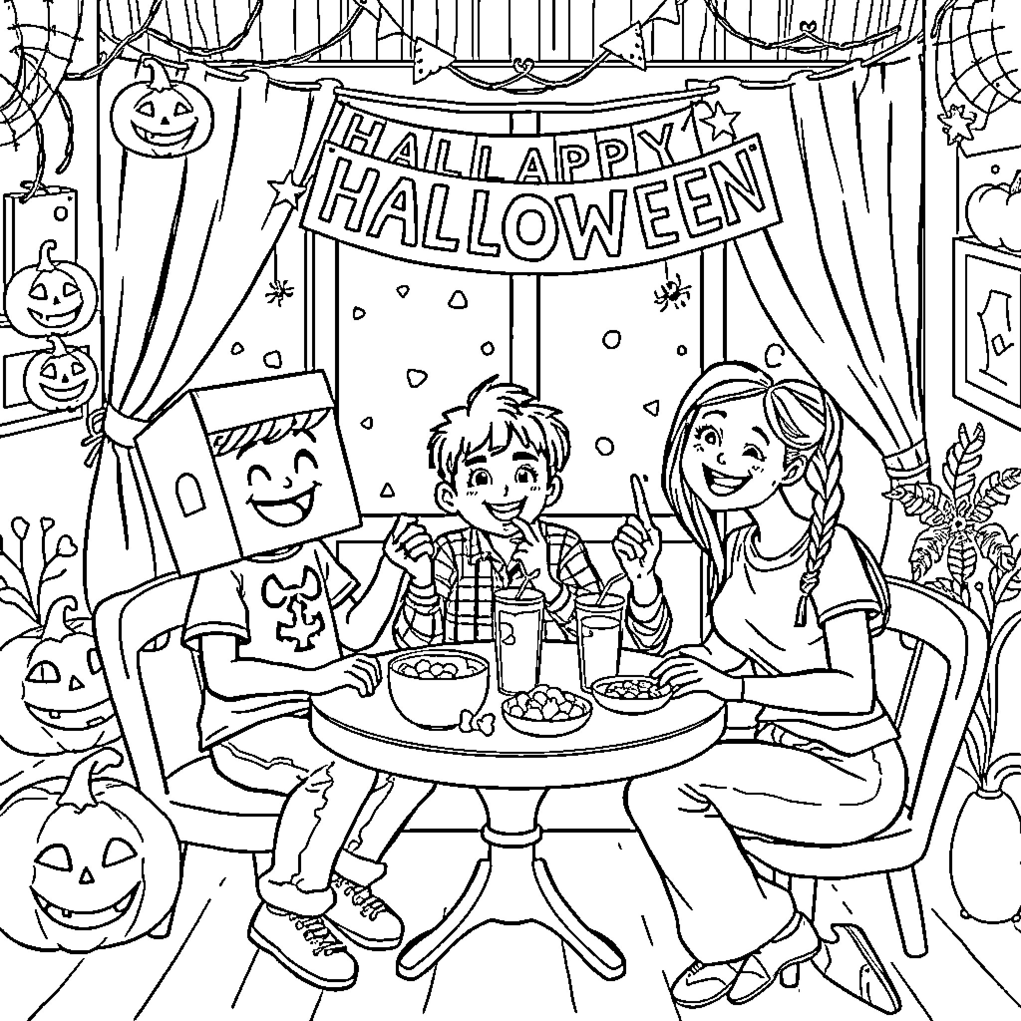 Friends celebrating Happy Halloween together Coloring Page (free black-and-white line drawing printable PDF for all, from beginners to advanced learners, including children, teens, adults, and seniors)