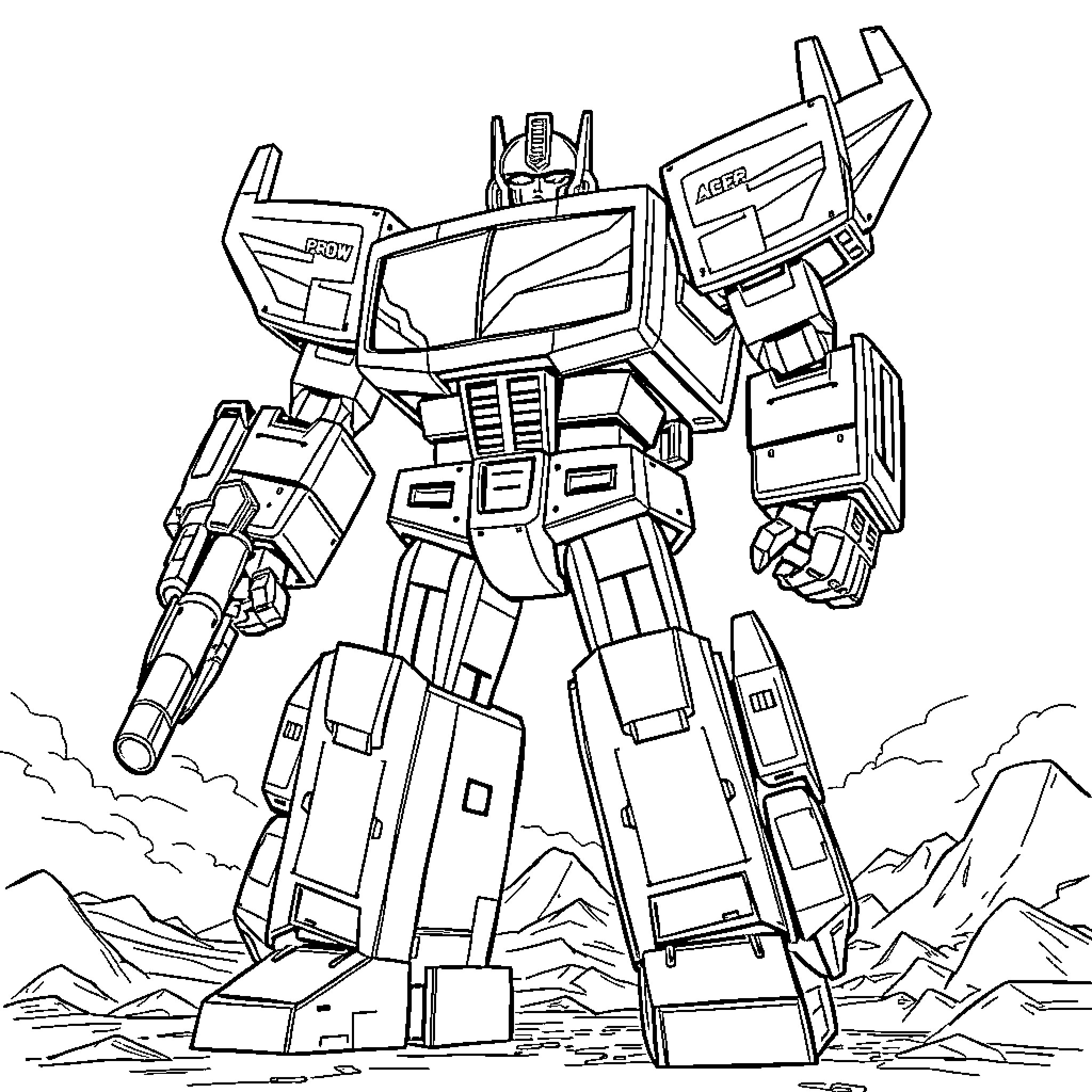 Transformer robot standing heroically in landscape Coloring Page (free black-and-white line drawing printable PDF for all, from beginners to advanced learners, including children, teens, adults, and seniors)