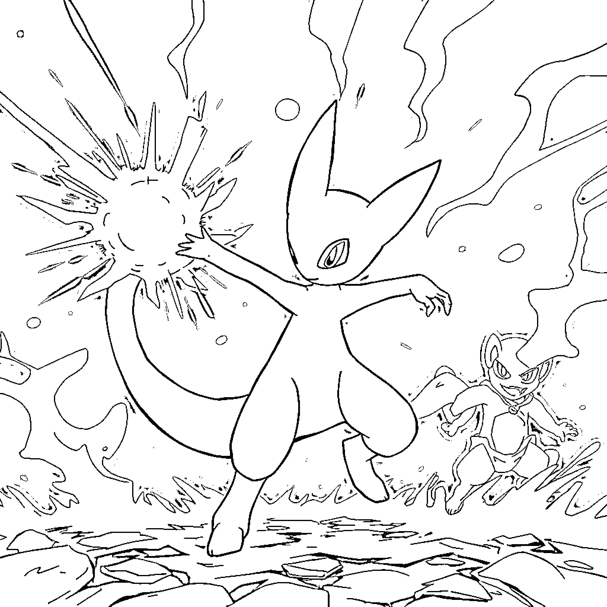 Mewtwo's Powerful Psychic Abilities on Display Coloring Page (free black-and-white line drawing printable PDF for all, from beginners to advanced learners, including children, teens, adults, and seniors)