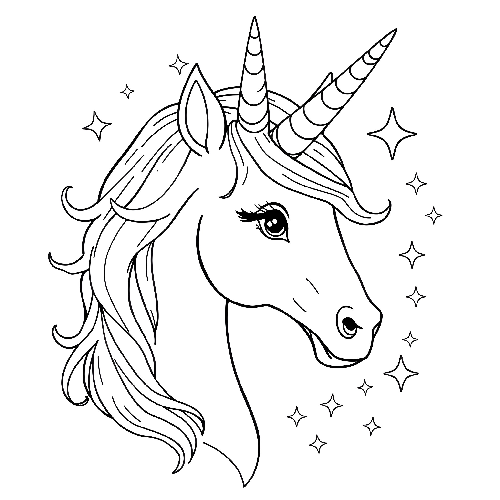 Unicorn surrounded by magical stars Coloring Page (free black-and-white line drawing printable PDF for all, from beginners to advanced learners, including children, teens, adults, and seniors)