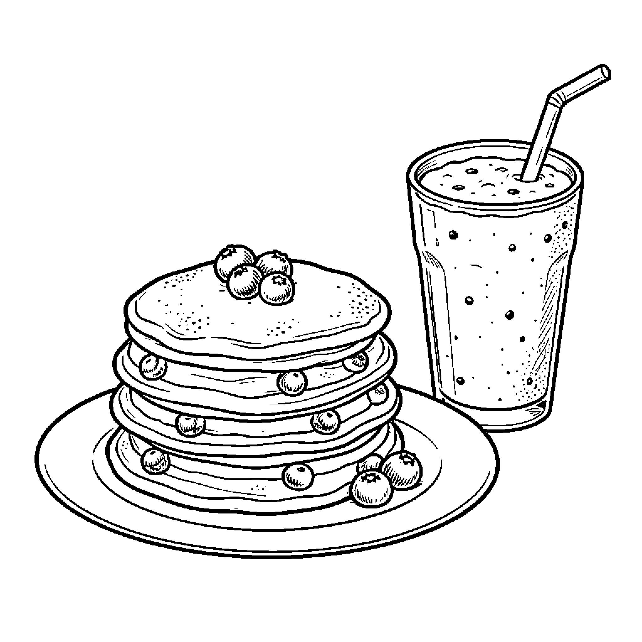 Pancake stack topped with berries served with a drink Coloring Page (free black-and-white line drawing printable PDF for all, from beginners to advanced learners, including children, teens, adults, and seniors)