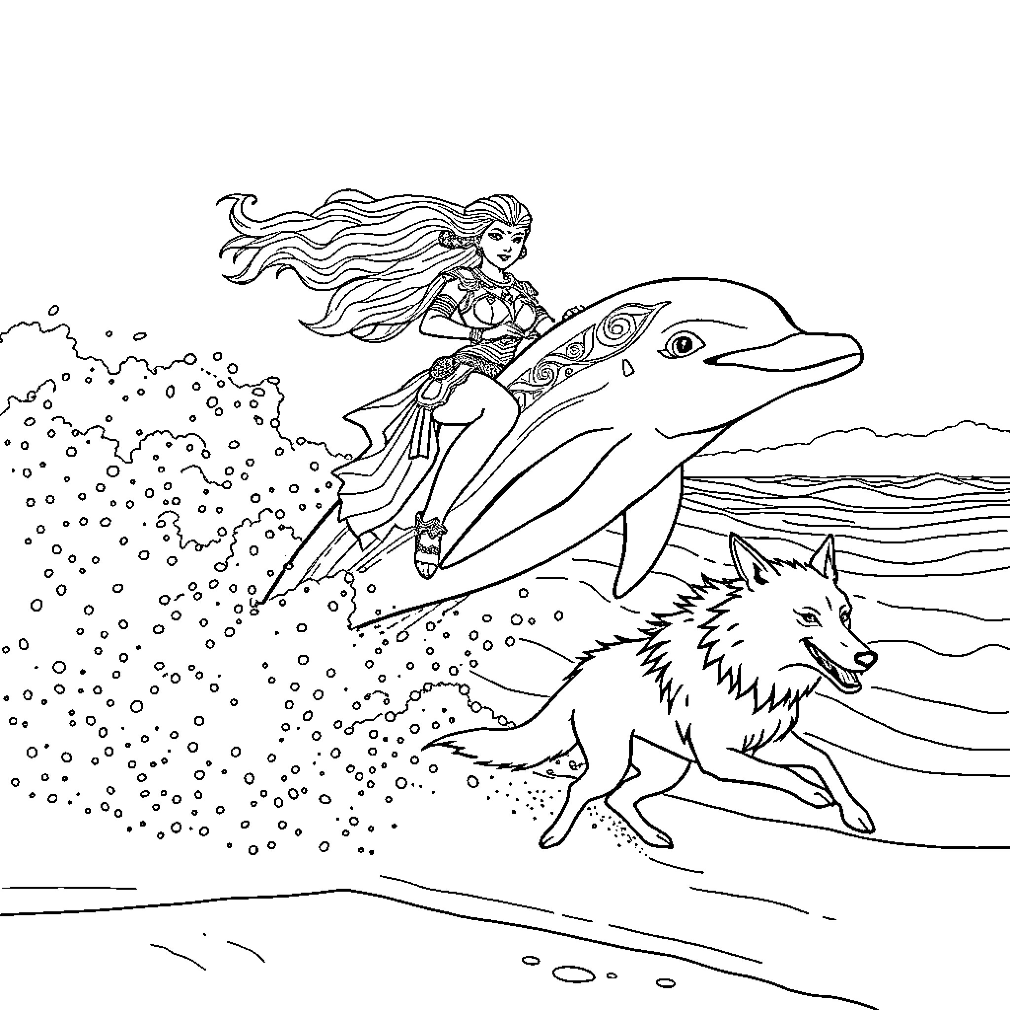 She-Ra riding a dolphin with a wolf companion Coloring Page (free black-and-white line drawing printable PDF for all, from beginners to advanced learners, including children, teens, adults, and seniors)