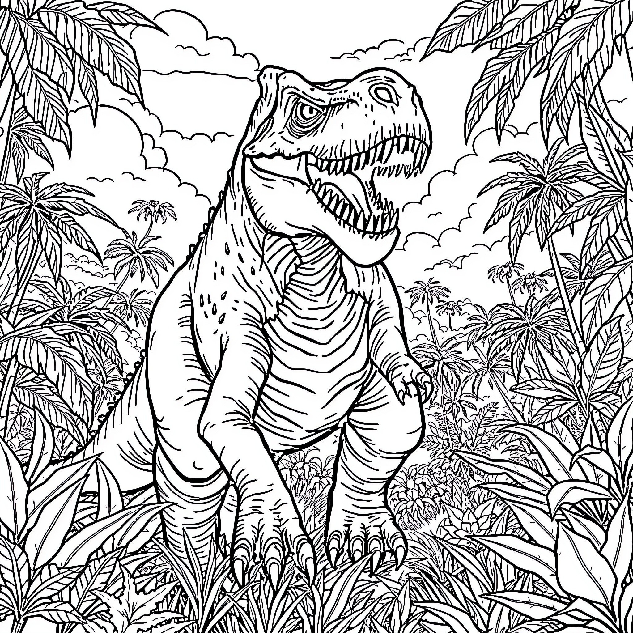Gigantosaurus roaming through a lush prehistoric landscape Coloring Page (free black-and-white line drawing printable PDF for all, from beginners to advanced learners, including children, teens, adults, and seniors)