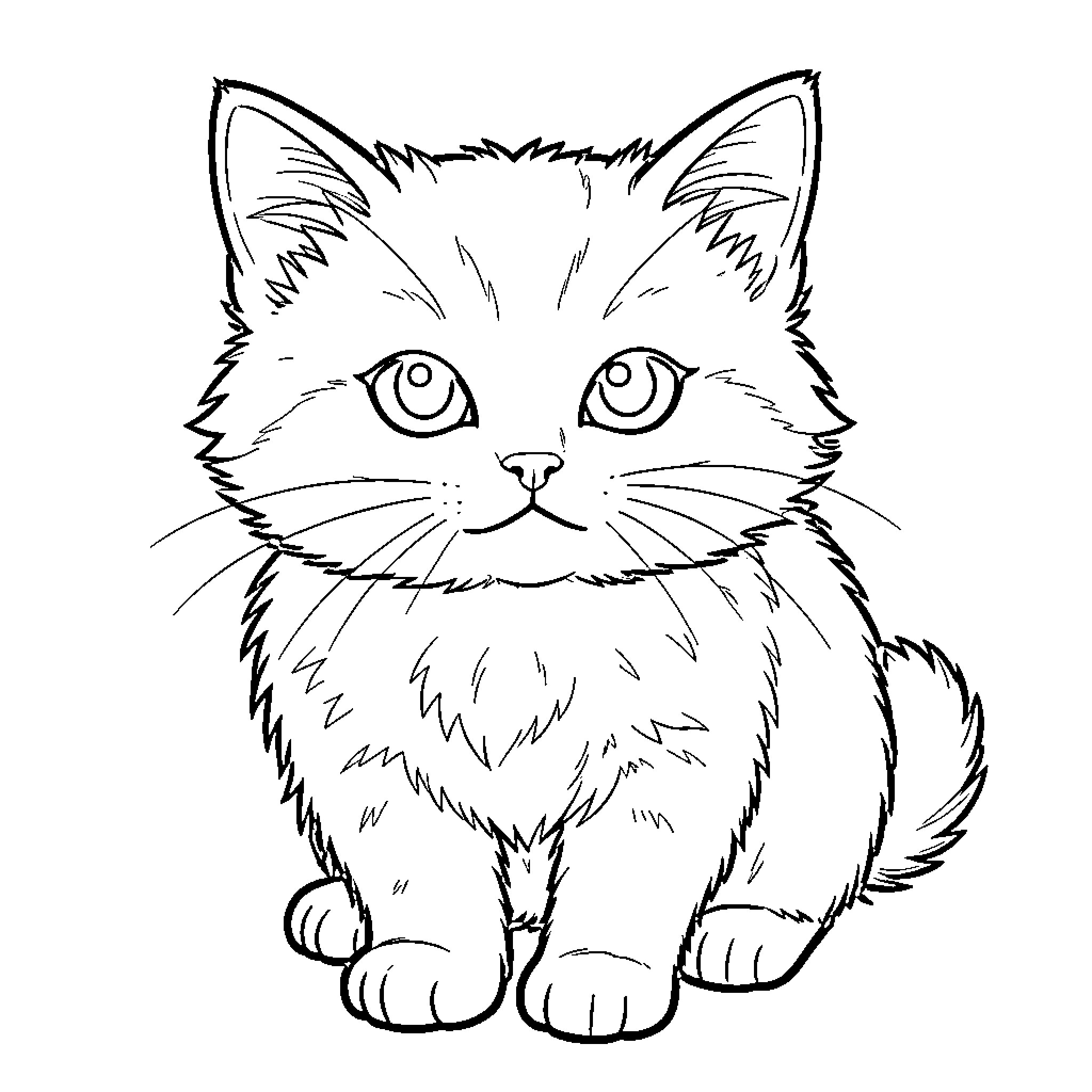 Kitty sitting calmly with large expressive eyes Coloring Page (free black-and-white line drawing printable PDF for all, from beginners to advanced learners, including children, teens, adults, and seniors)