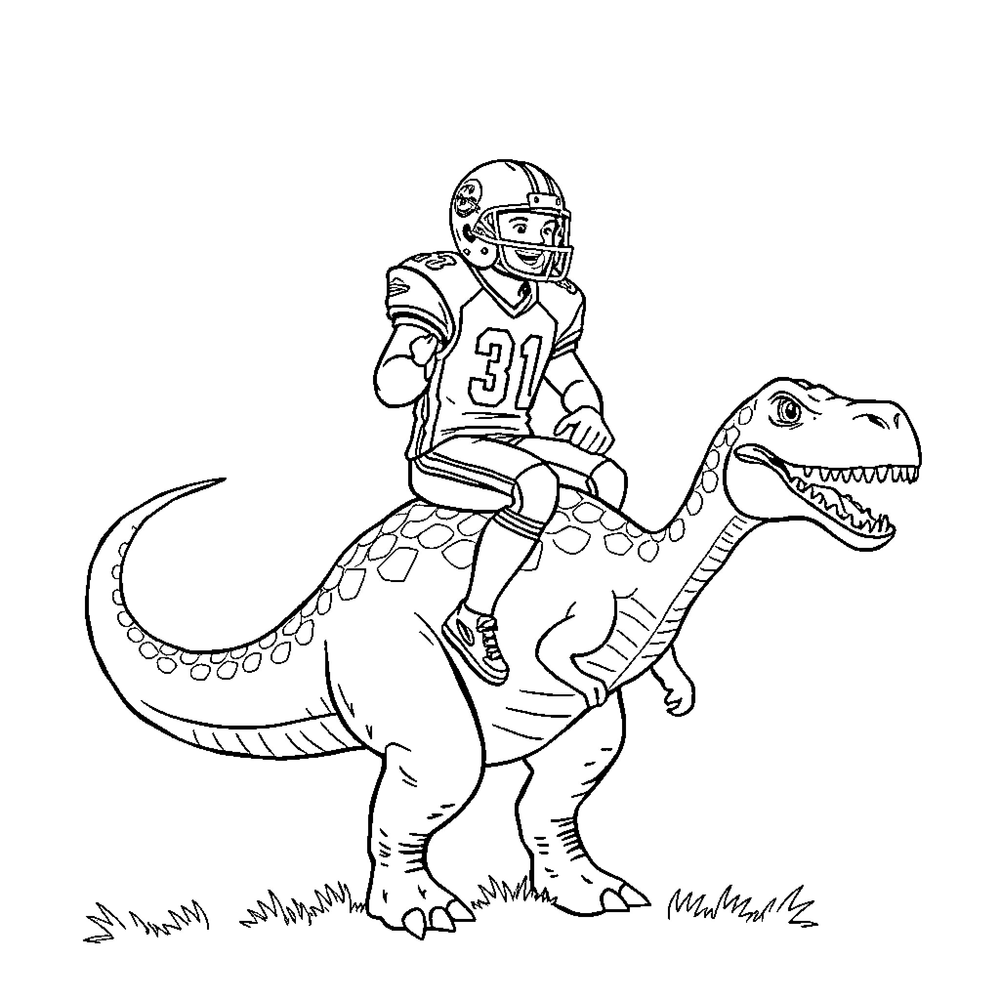 Football Player Riding Dinosaur in Action Coloring Page (free black-and-white line drawing printable PDF for all, from beginners to advanced learners, including children, teens, adults, and seniors)