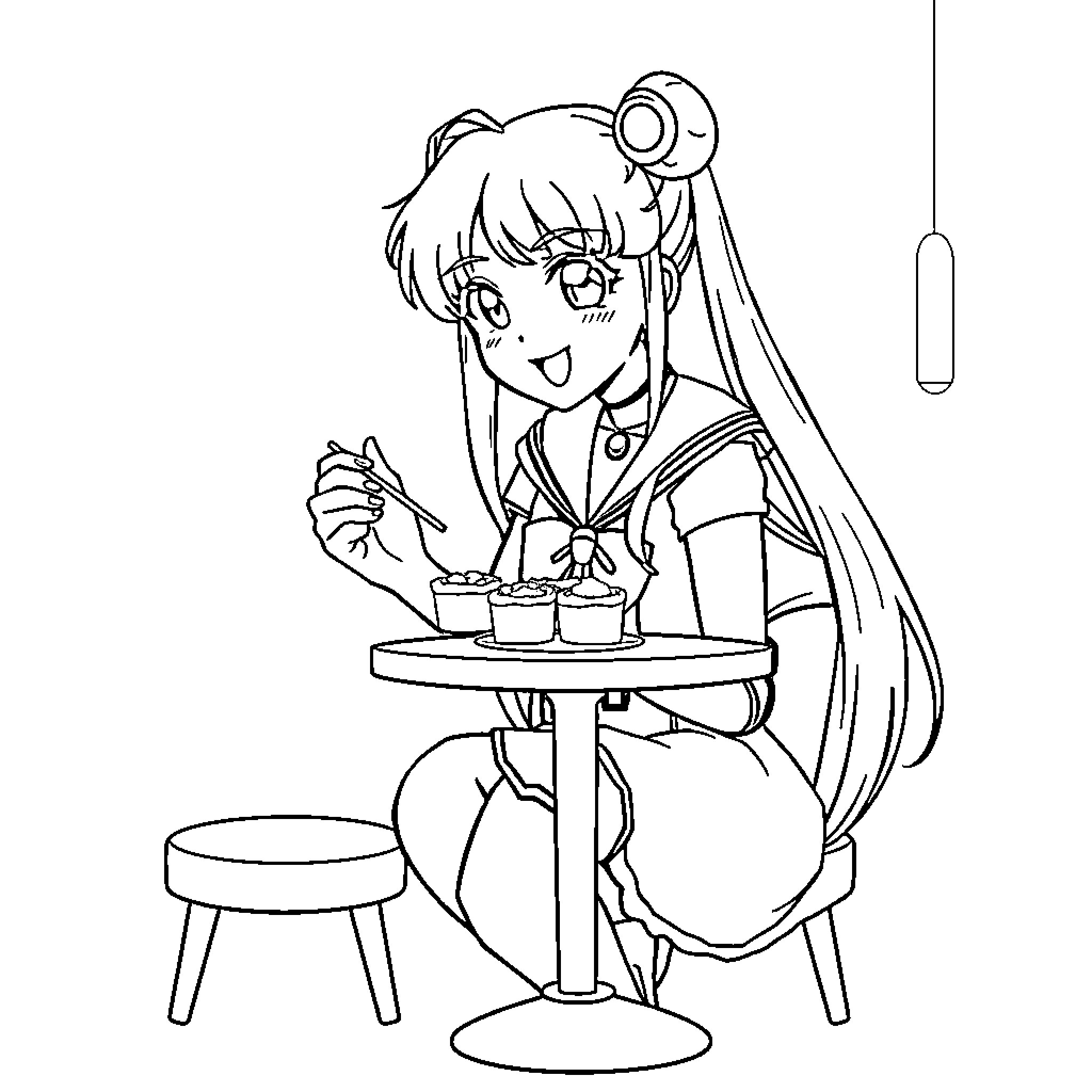 Sailormoon serving tea with a friendly smile Coloring Page (free black-and-white line drawing printable PDF for all, from beginners to advanced learners, including children, teens, adults, and seniors)