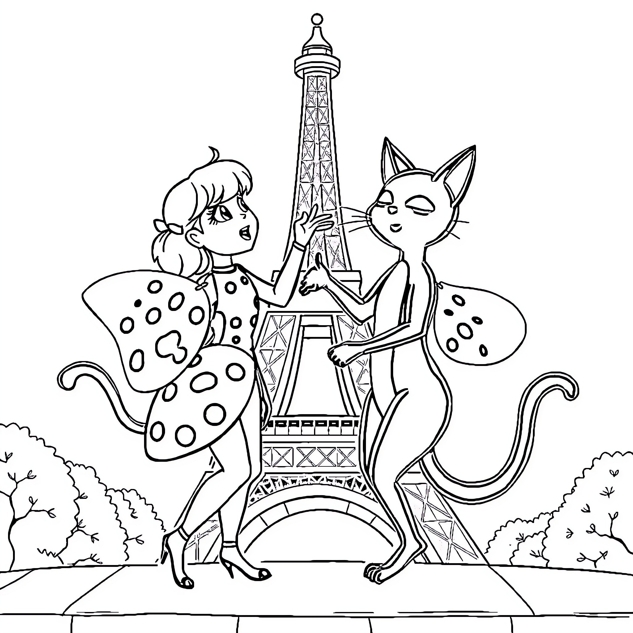 Ladybug and cat enjoying a playful day in Paris Coloring Page (free black-and-white line drawing printable PDF for all, from beginners to advanced learners, including children, teens, adults, and seniors)