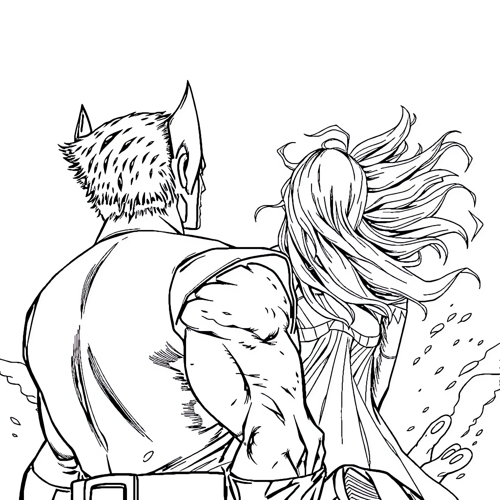Wolverine and companion facing dramatic scenery Coloring Page (free black-and-white line drawing printable PDF for all, from beginners to advanced learners, including children, teens, adults, and seniors)