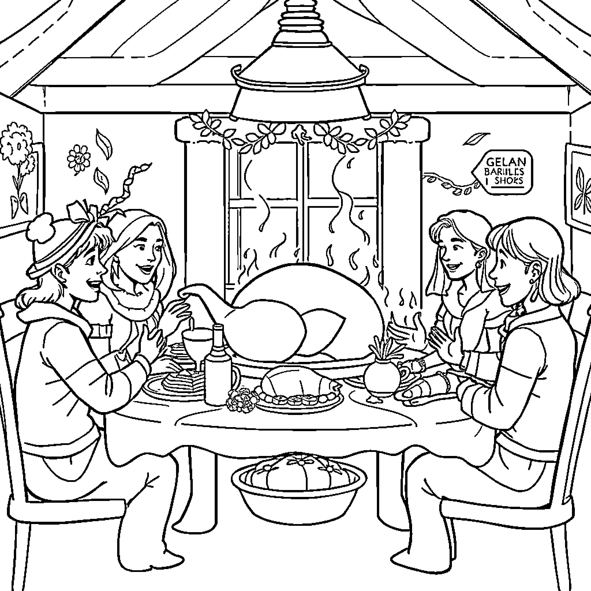 Thanksgiving Gathering with Family and Friends Coloring Page (free black-and-white line drawing printable PDF for all, from beginners to advanced learners, including children, teens, adults, and seniors)