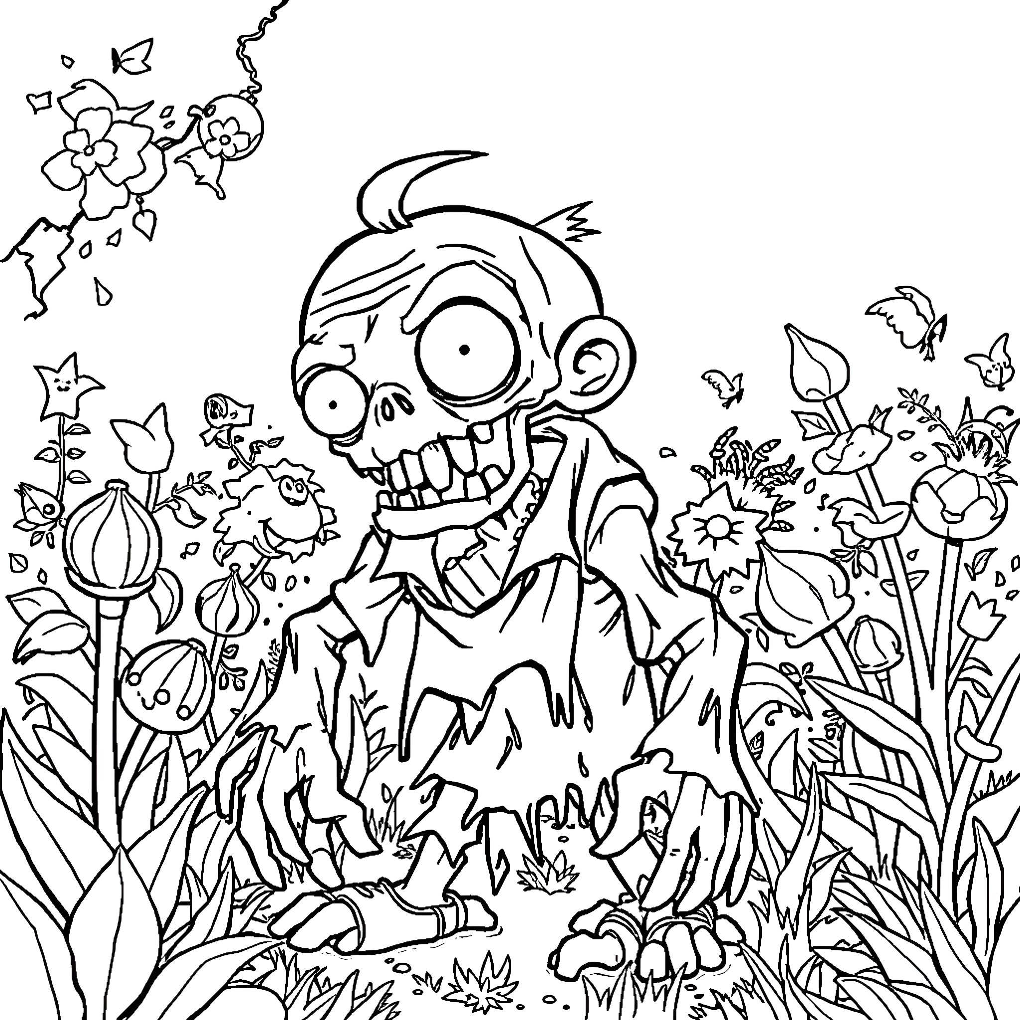 Zombie Grinning Maniacally in Vibrant Garden Coloring Page (free black-and-white line drawing printable PDF for all, from beginners to advanced learners, including children, teens, adults, and seniors)