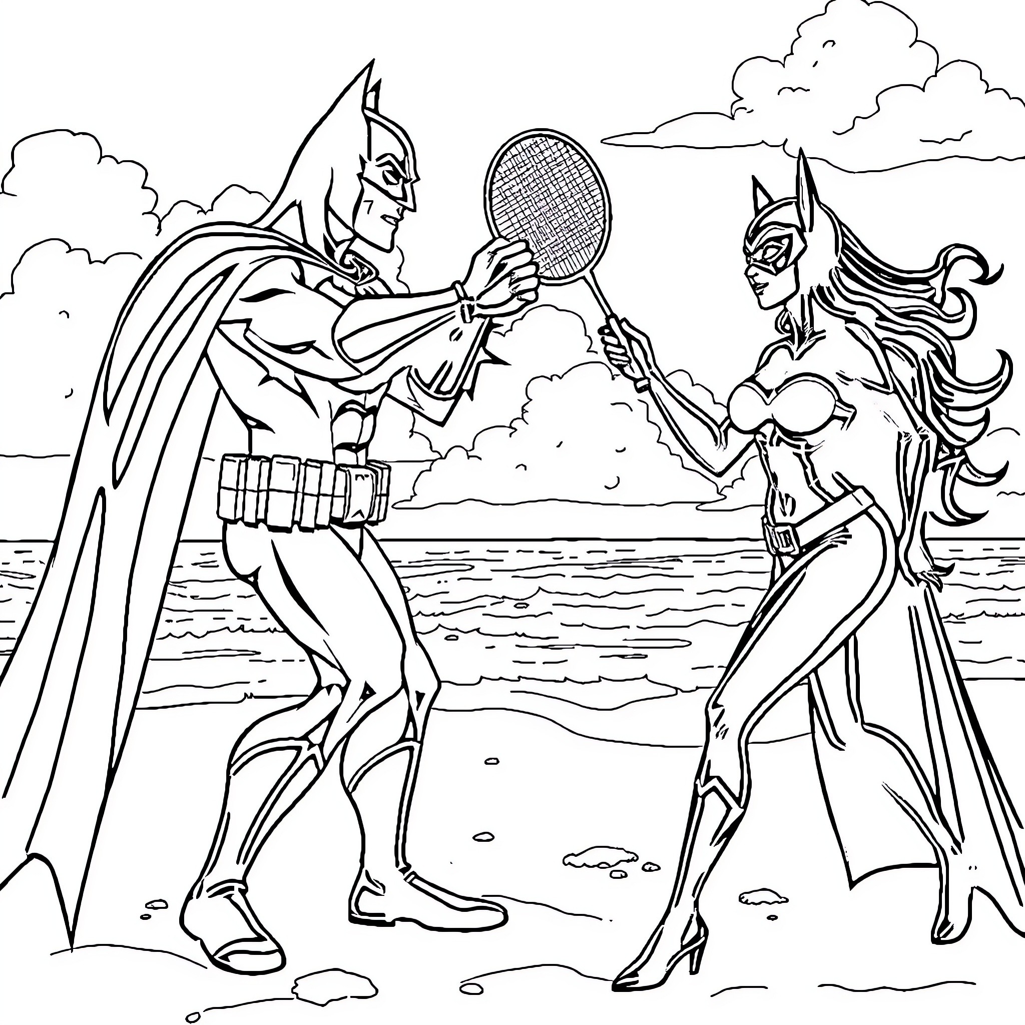 Batman and Catwoman playing tennis on the beach Coloring Page (free black-and-white line drawing printable PDF for all, from beginners to advanced learners, including children, teens, adults, and seniors)