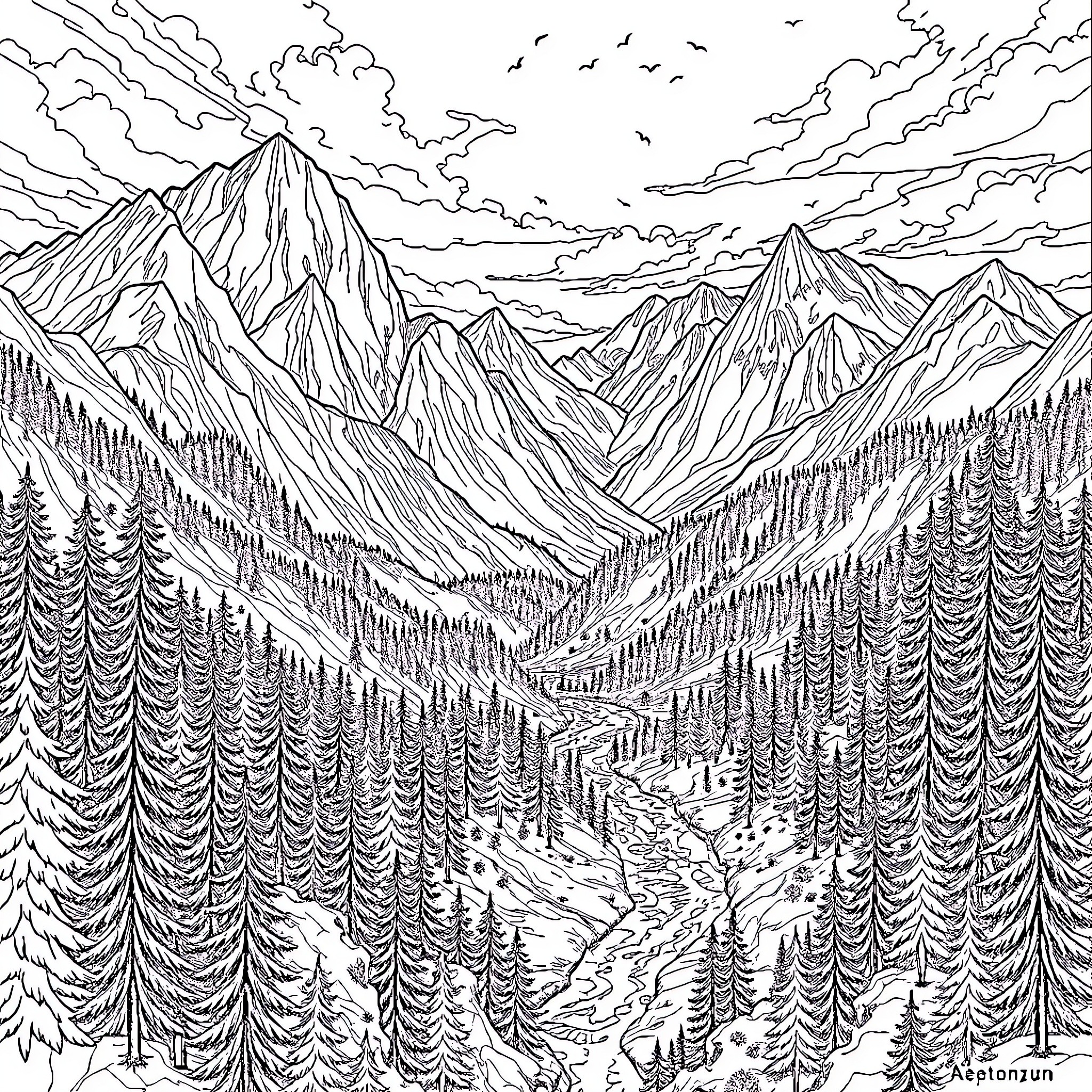 World of Majestic Mountain Peaks and Rugged Landscapes Coloring Page (free black-and-white line drawing printable PDF for all, from beginners to advanced learners, including children, teens, adults, and seniors)