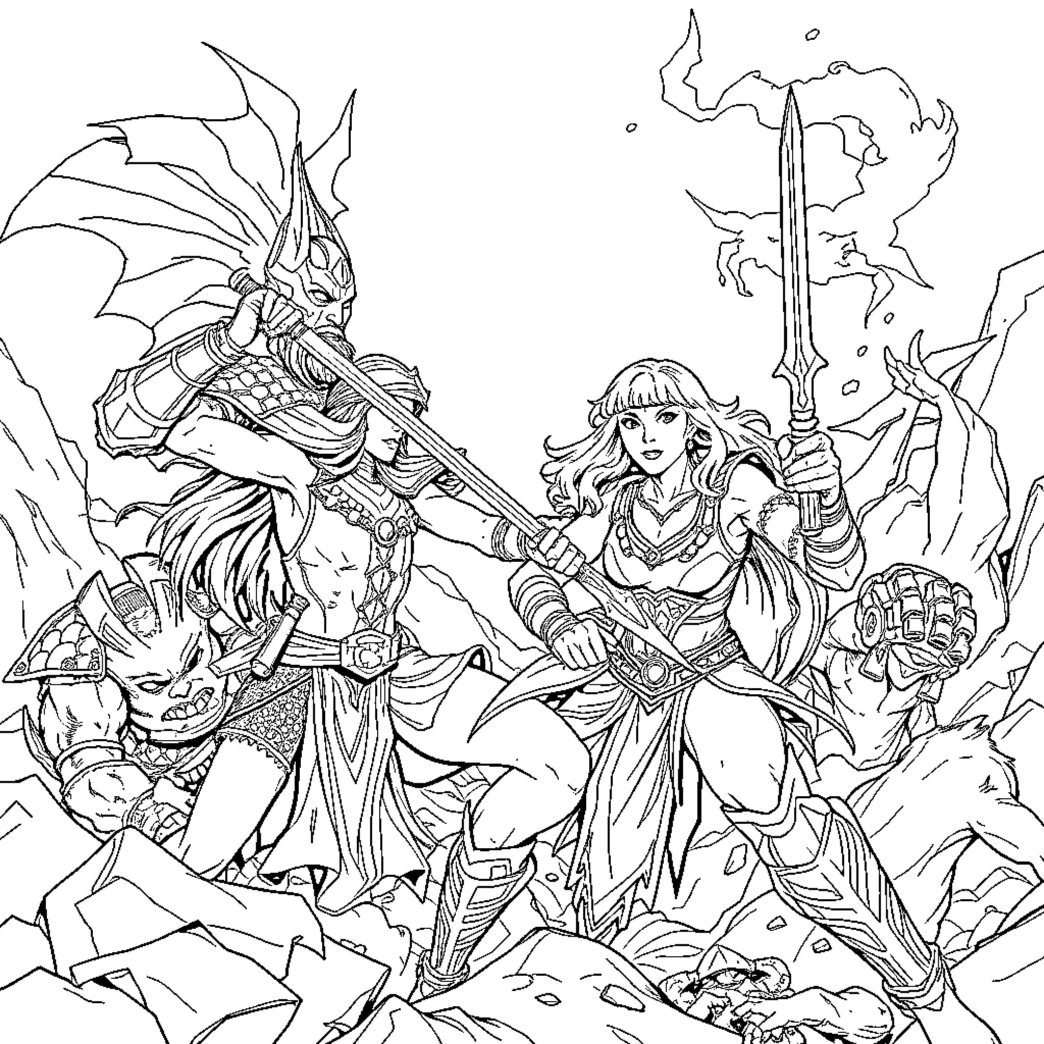 Xena and a warrior wielding swords in battle Coloring Page (free black-and-white line drawing printable PDF for all, from beginners to advanced learners, including children, teens, adults, and seniors)