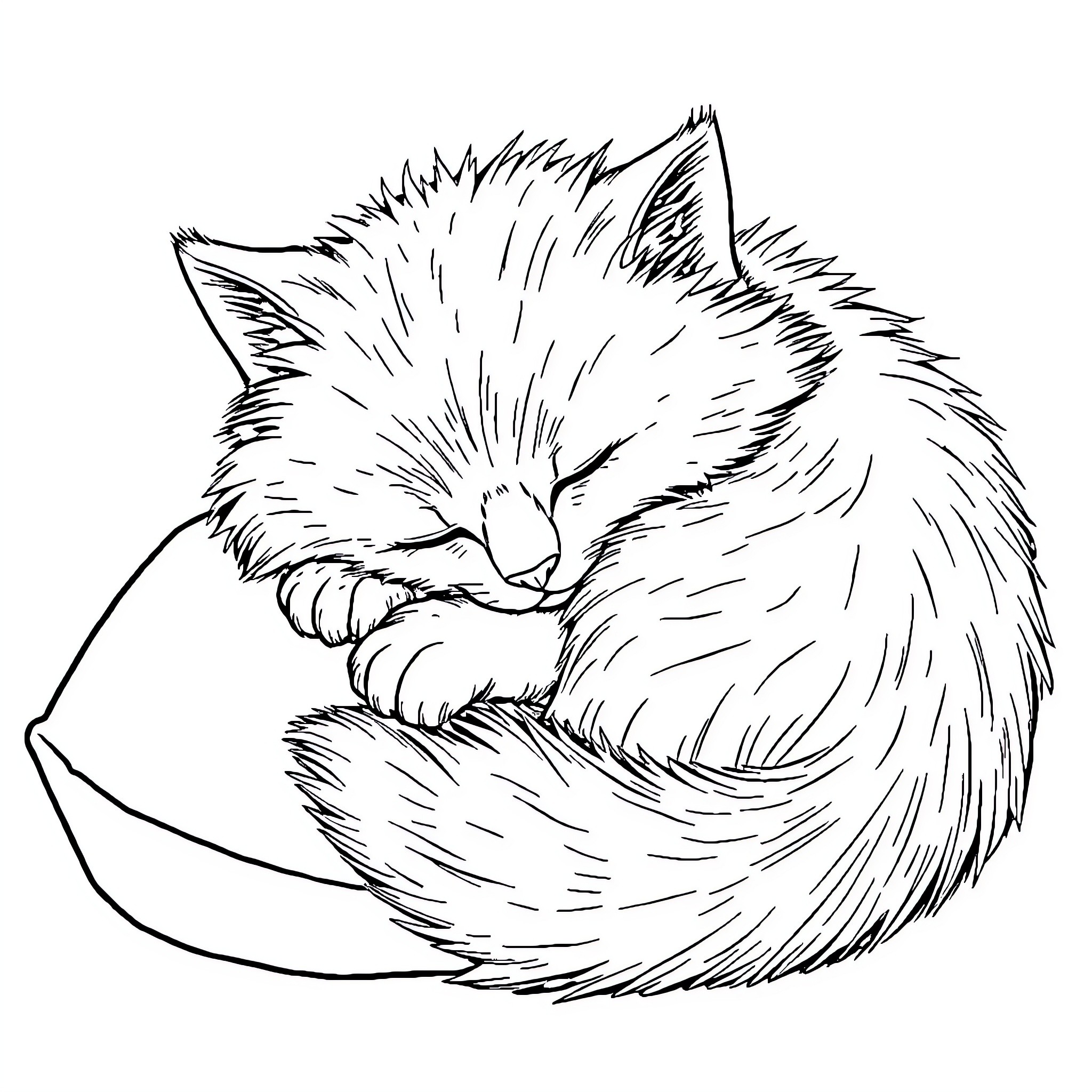 Kitty curled up and sleeping peacefully Coloring Page (free black-and-white line drawing printable PDF for all, from beginners to advanced learners, including children, teens, adults, and seniors)