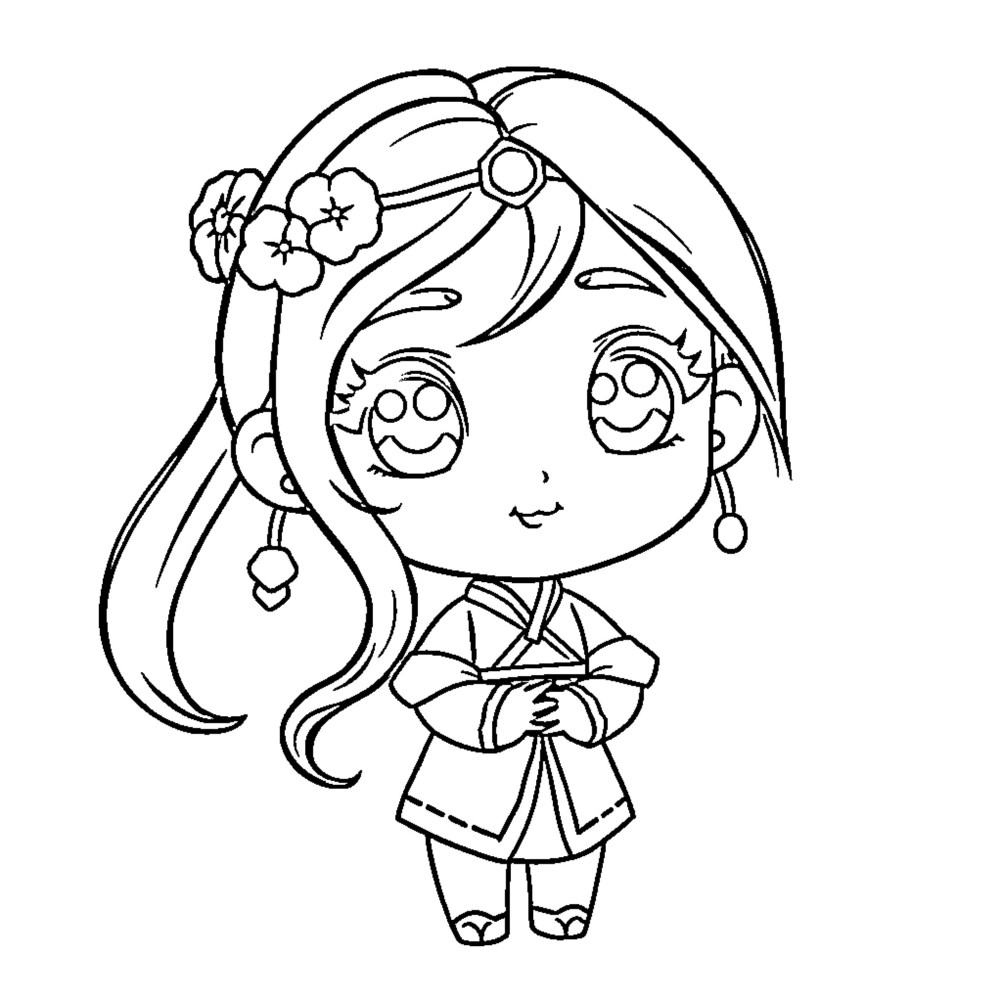 Mulan in Cheerful Outfit with Flowers Coloring Page (free black-and-white line drawing printable PDF for all, from beginners to advanced learners, including children, teens, adults, and seniors)