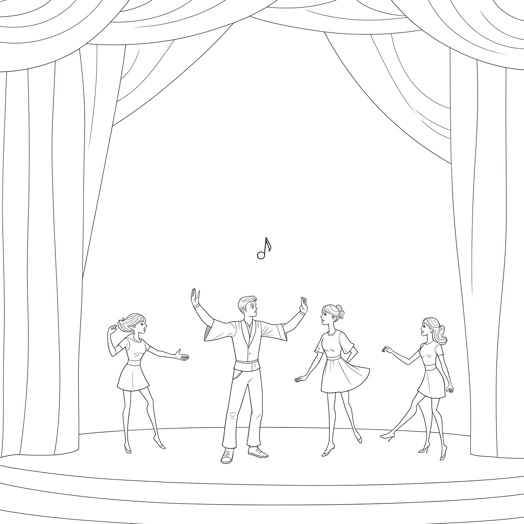 Epic Dance Performance on Stage Coloring Page (free black-and-white line drawing printable PDF for all, from beginners to advanced learners, including children, teens, adults, and seniors)