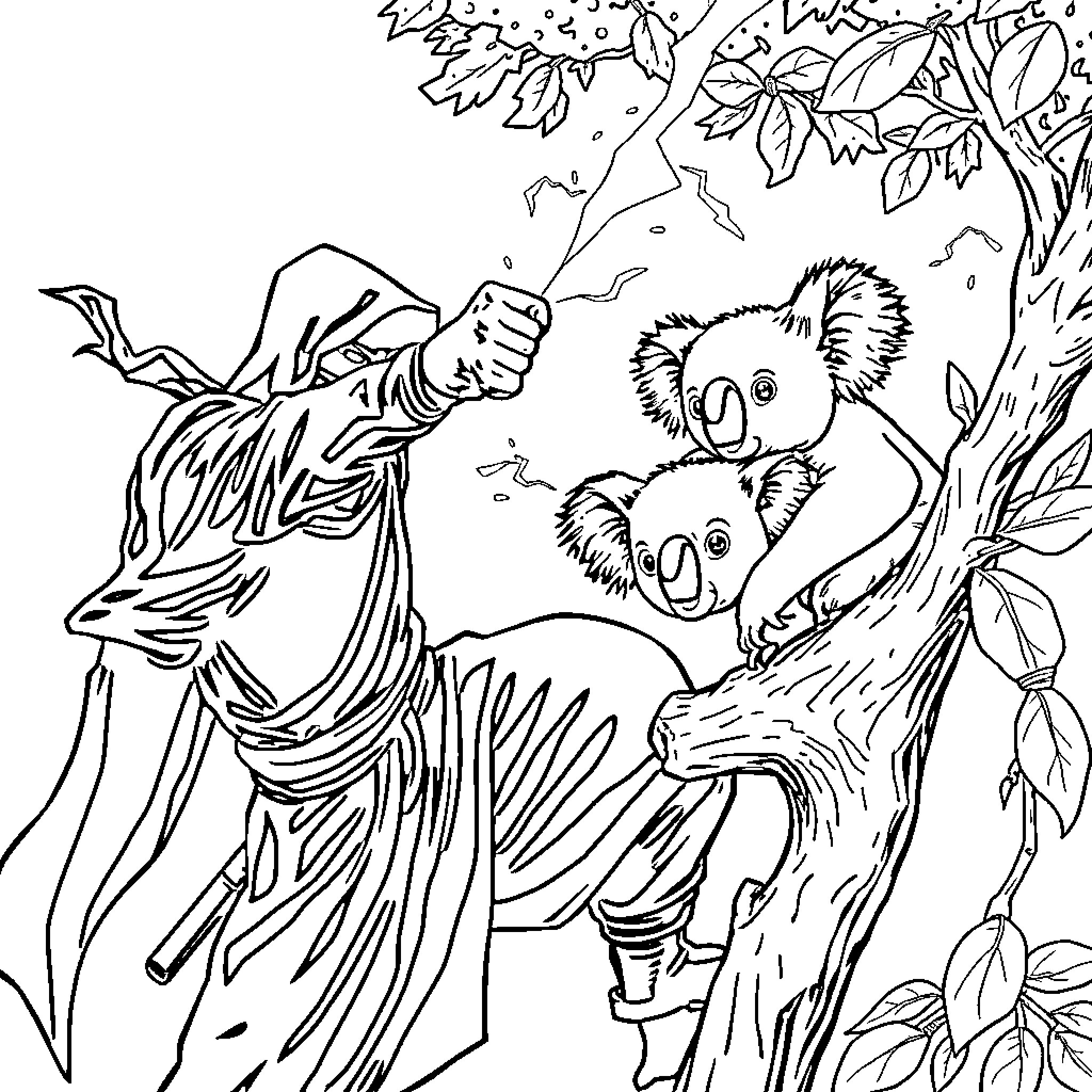 Ninja koalas escape in the forest Coloring Page (free black-and-white line drawing printable PDF for all, from beginners to advanced learners, including children, teens, adults, and seniors)