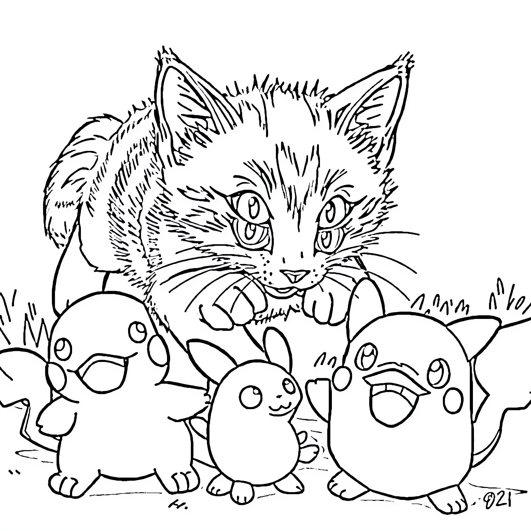 Kitten surrounded by playful creatures Coloring Page (free black-and-white line drawing printable PDF for all, from beginners to advanced learners, including children, teens, adults, and seniors)