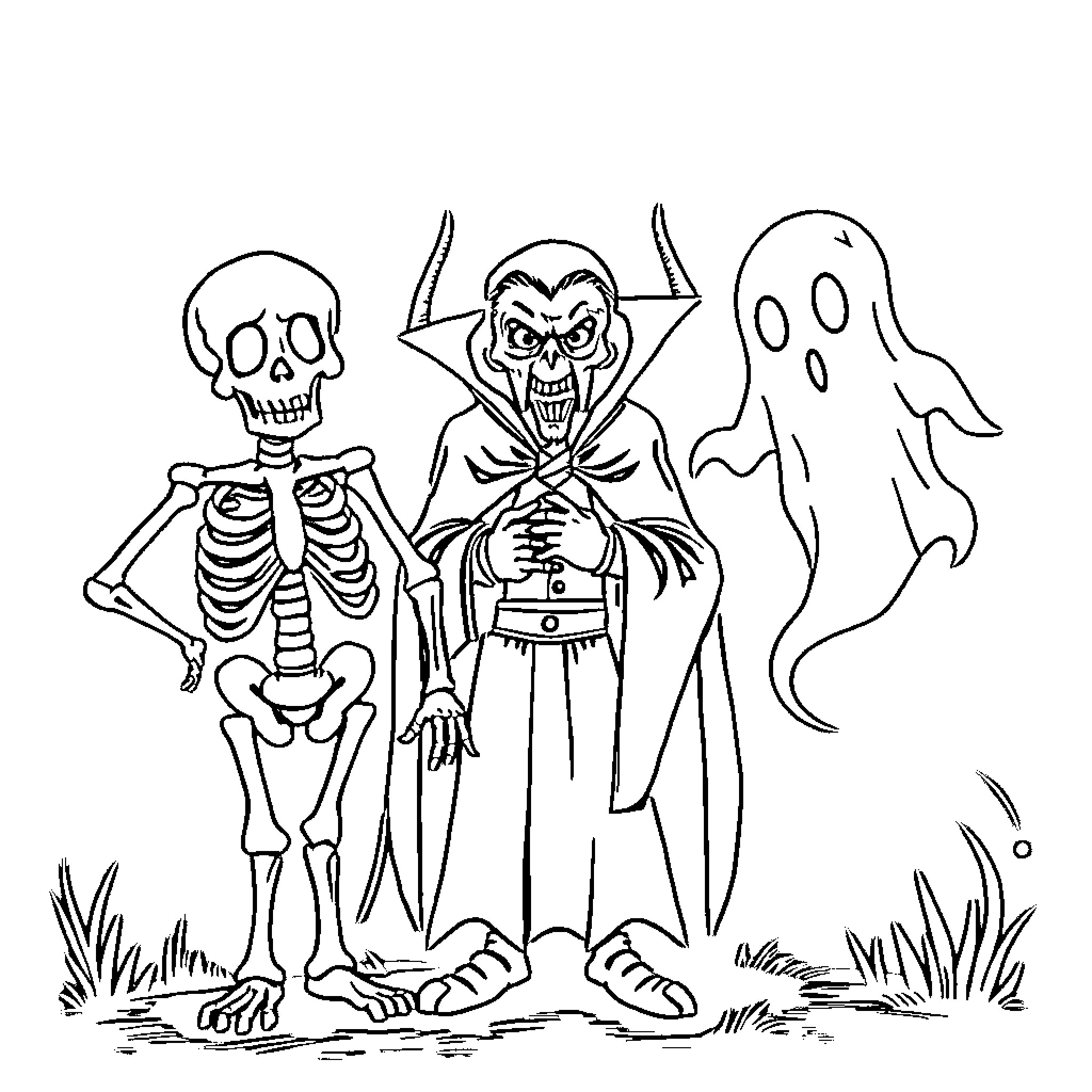 Skeleton Creatures in Spooky Halloween Scene Coloring Page (free black-and-white line drawing printable PDF for all, from beginners to advanced learners, including children, teens, adults, and seniors)