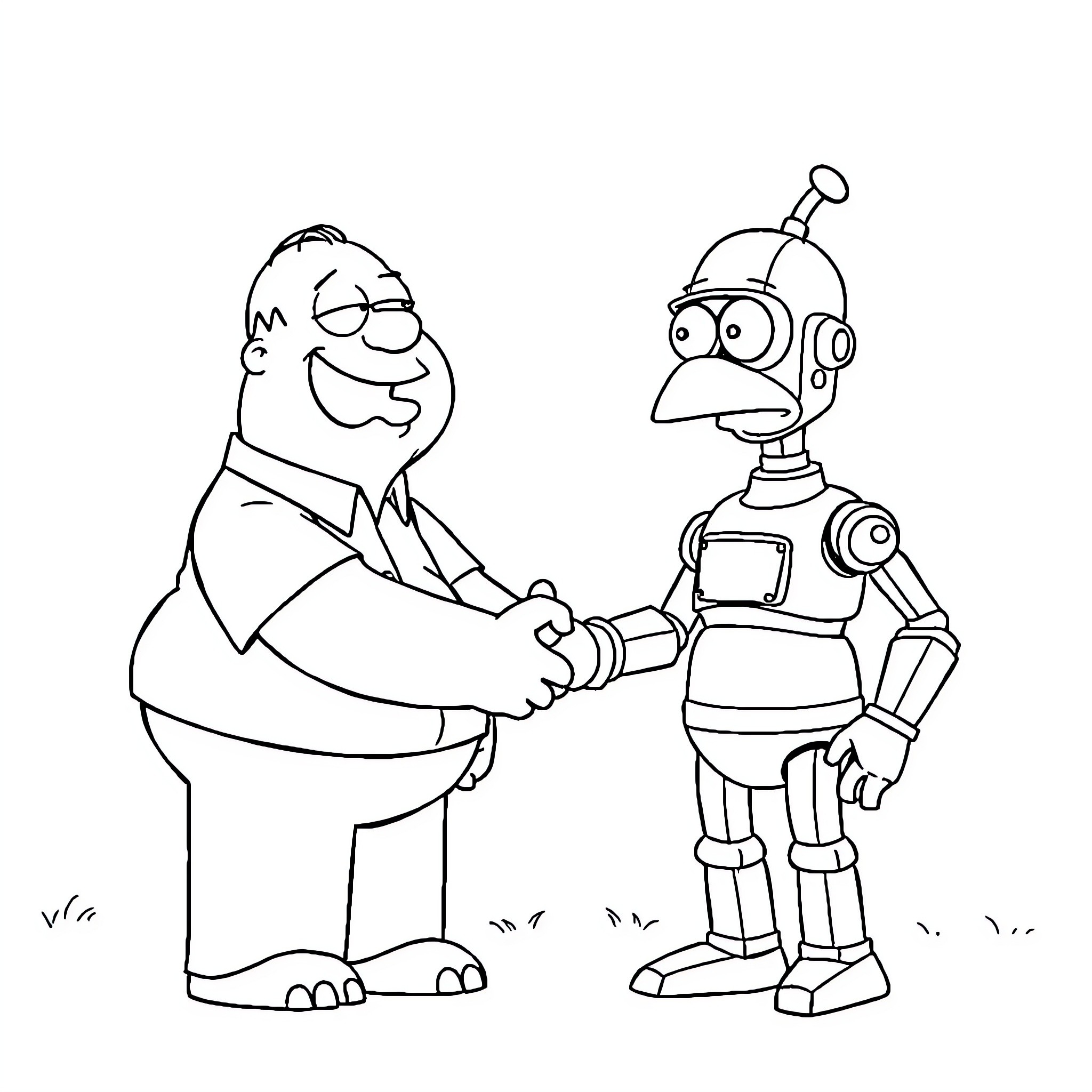 Peter Griffin and robot shake hands in a friendly encounter Coloring Page (free black-and-white line drawing printable PDF for all, from beginners to advanced learners, including children, teens, adults, and seniors)