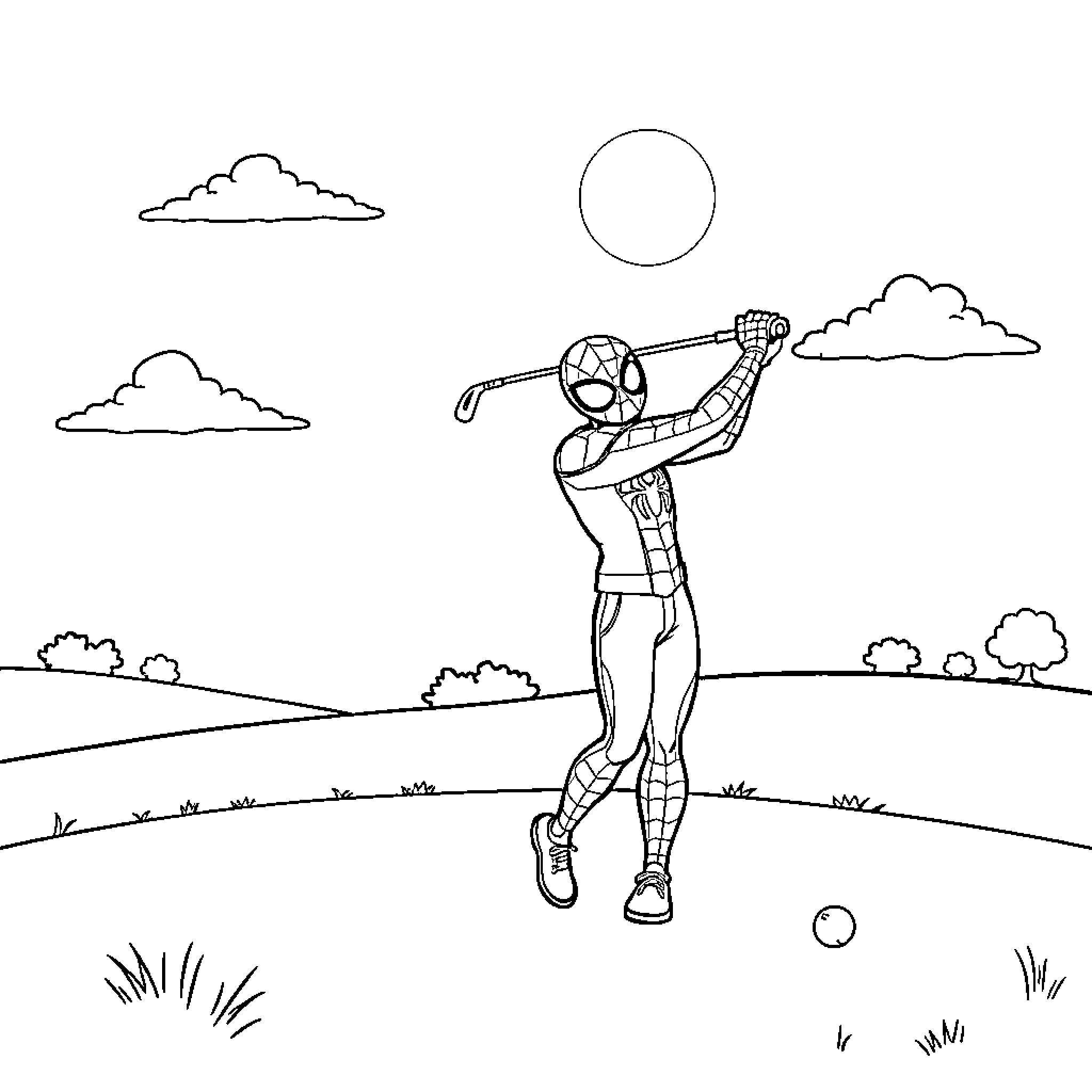 Bluey playing golf in the open field Coloring Page (free black-and-white line drawing printable PDF for all, from beginners to advanced learners, including children, teens, adults, and seniors)