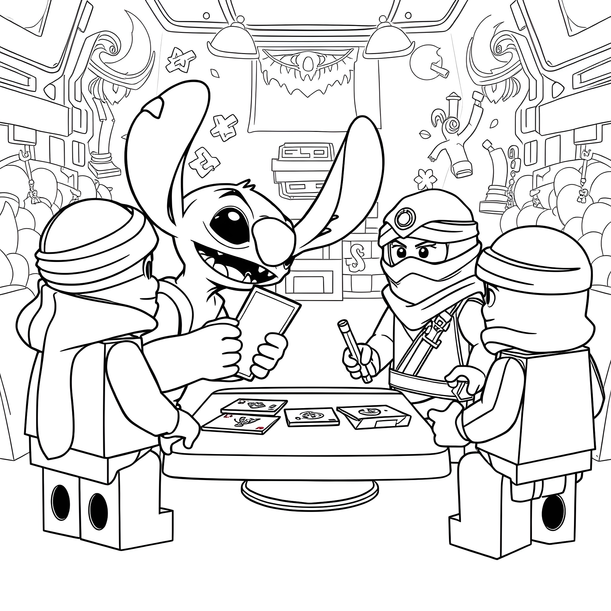 Stitch playing cards with ninja-themed characters Coloring Page (free black-and-white line drawing printable PDF for all, from beginners to advanced learners, including children, teens, adults, and seniors)