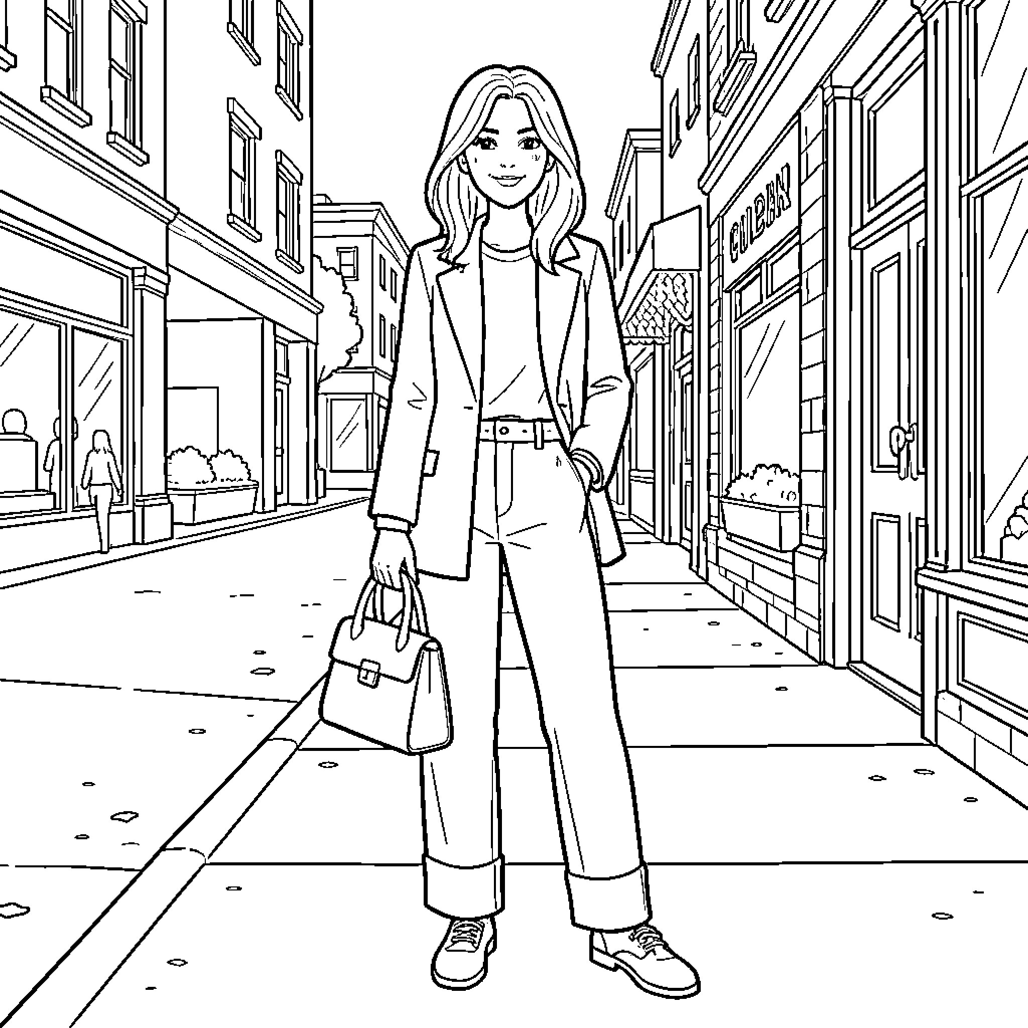 Woman walking confidently through a city street Coloring Page (free black-and-white line drawing printable PDF for all, from beginners to advanced learners, including children, teens, adults, and seniors)