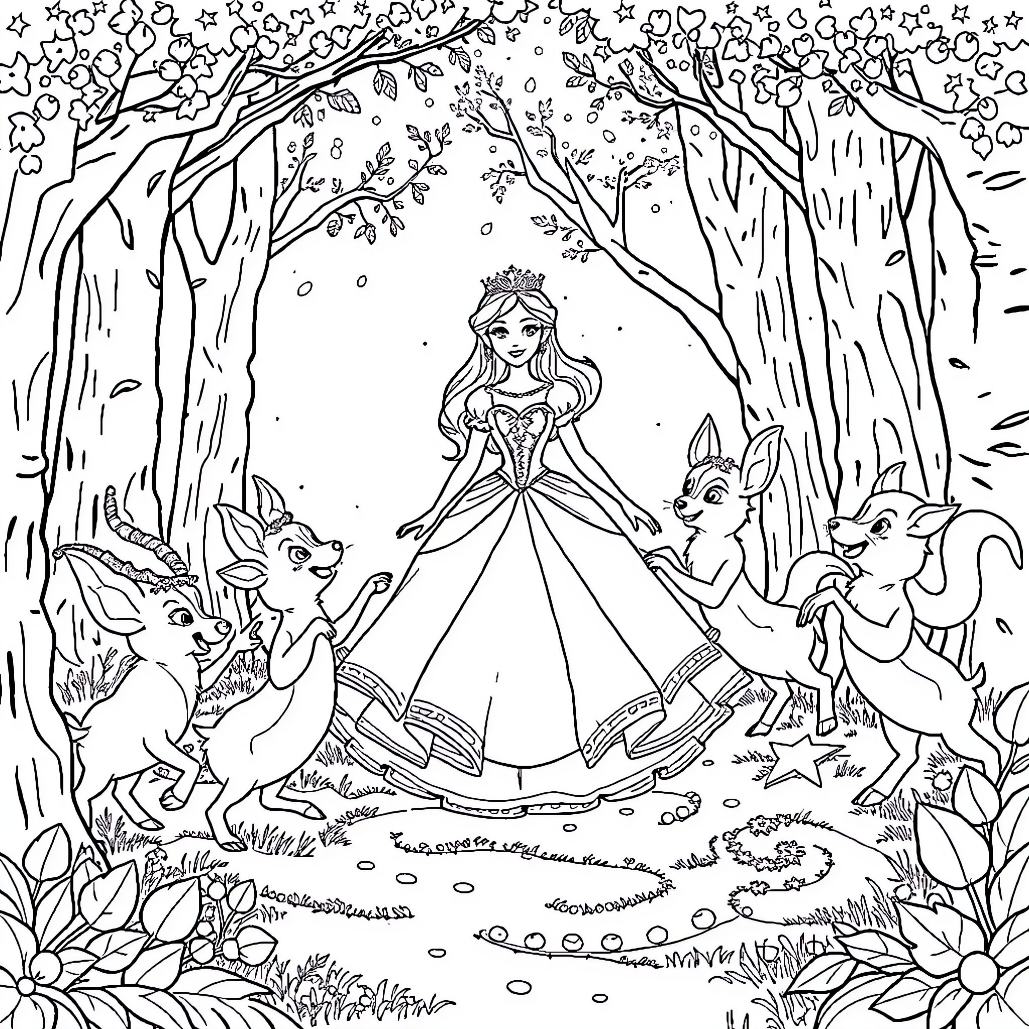Snow White in a magical forest with woodland creatures Coloring Page (free black-and-white line drawing printable PDF for all, from beginners to advanced learners, including children, teens, adults, and seniors)