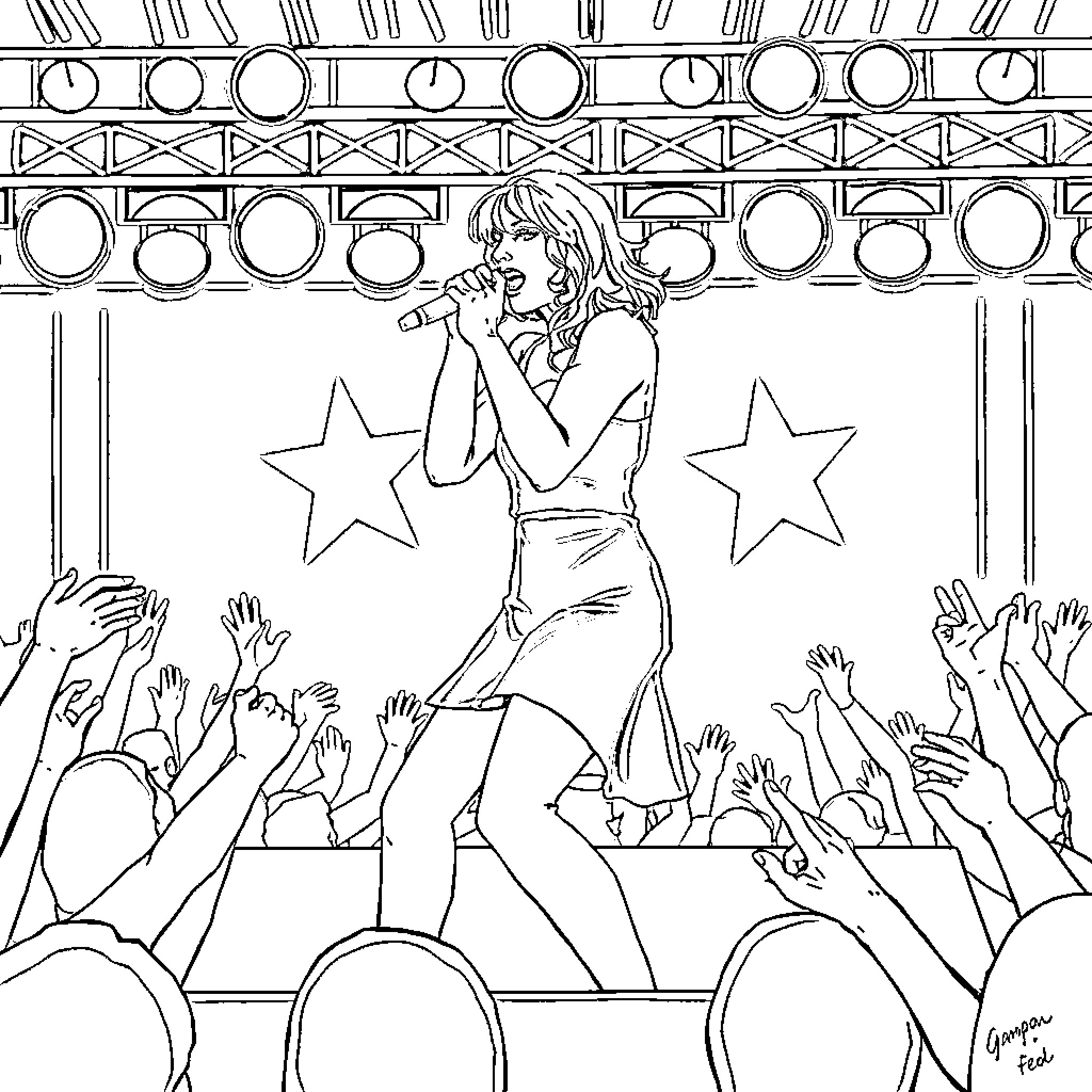 Taylor Swift performing on stage with fans Coloring Page (free black-and-white line drawing printable PDF for all, from beginners to advanced learners, including children, teens, adults, and seniors)