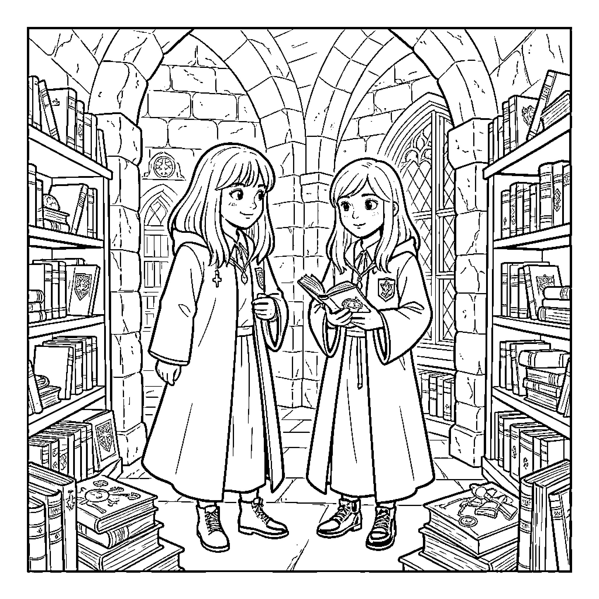 Hermione and a friend reading books in a library Coloring Page (free black-and-white line drawing printable PDF for all, from beginners to advanced learners, including children, teens, adults, and seniors)